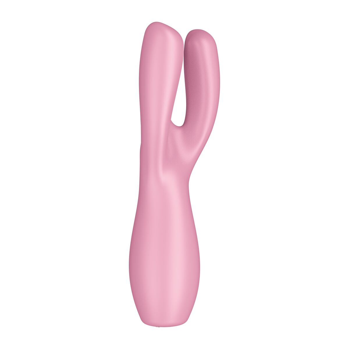 Juguete sexual rosa con forma curva, sobre fondo blanco.