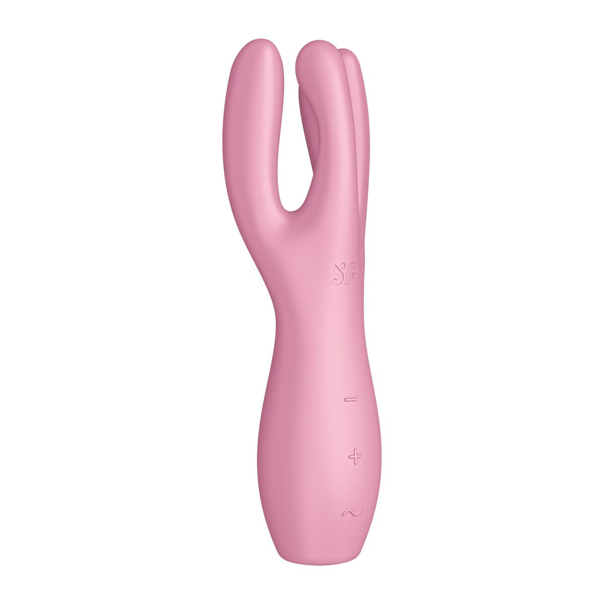 Vibrador rosa con forma de mano de tres dedos, aislado sobre fondo blanco.