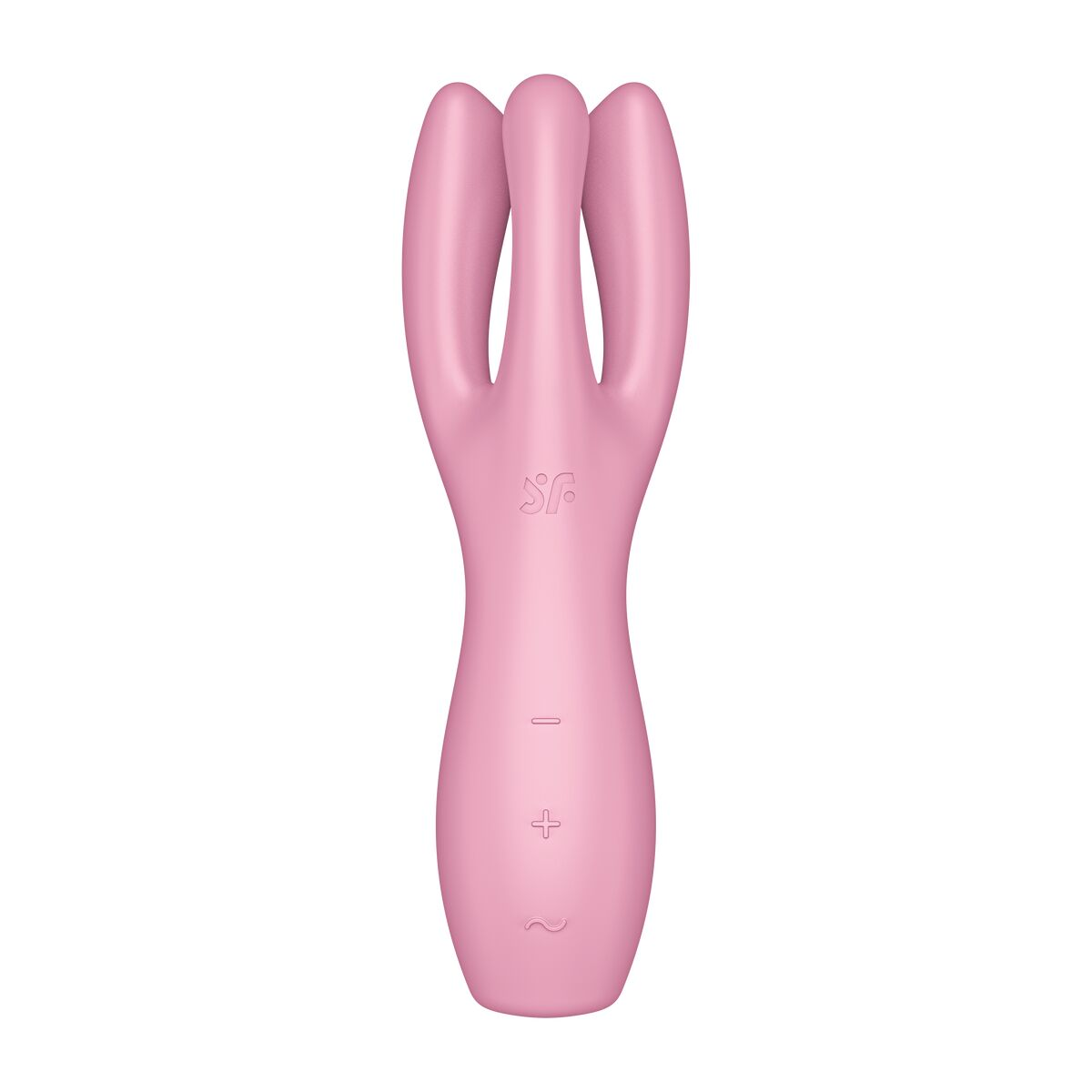 Vibrador rosa con tres puntas. Controles de intensidad visibles. Fondo blanco.