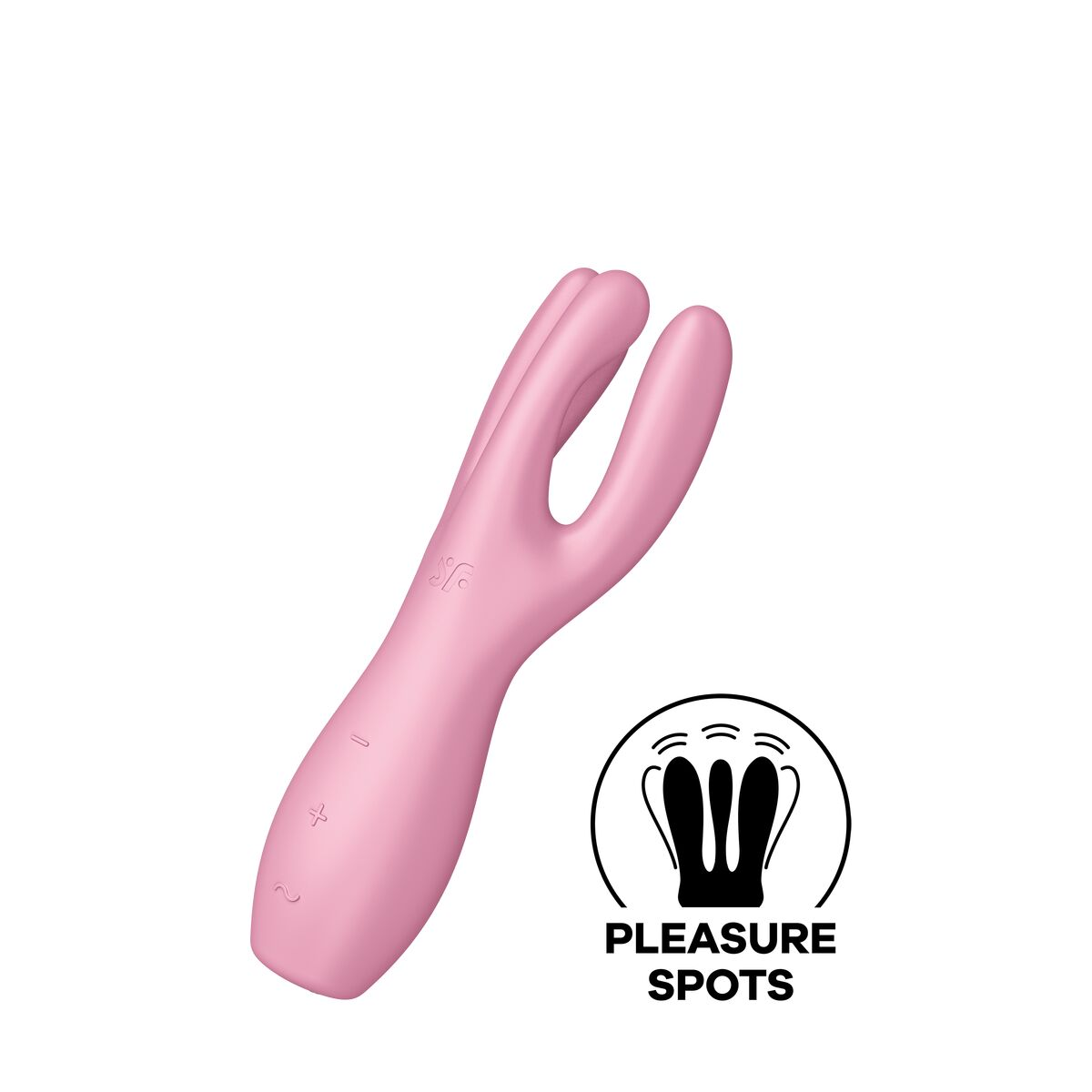 Juguete sexual rosa con mango curvo, dos cabezas redondeadas y un logo que dice 'PLEASURE SPOTS' sobre fondo blanco.
