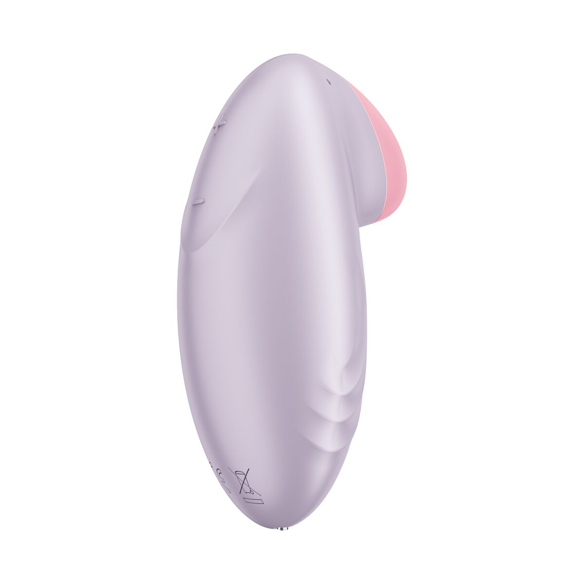 Juguete sexual lavanda con punta rosa, forma ovalada, con botones. Fondo blanco.