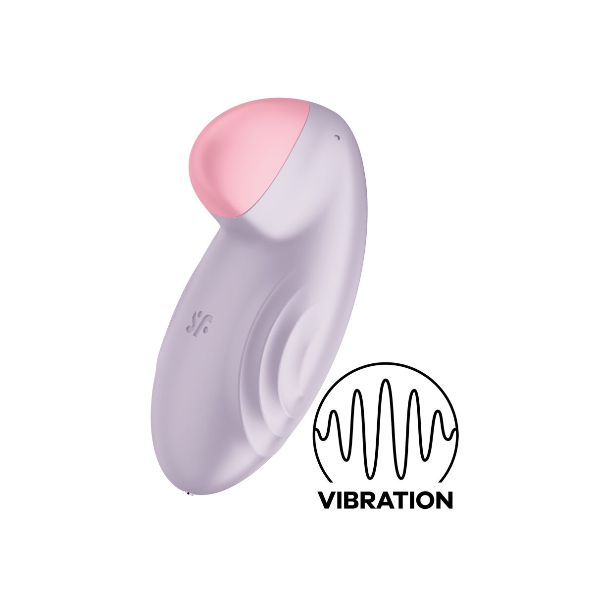 Juguete sexual morado con punta rosa. Icono de vibración. Fondo blanco.