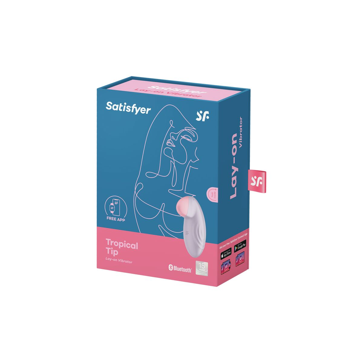 Caja de un vibrador con punta rosa. La caja tiene un contorno de rostro femenino y dice 'Tropical Tip' y 'Lay-on Vibrator'.