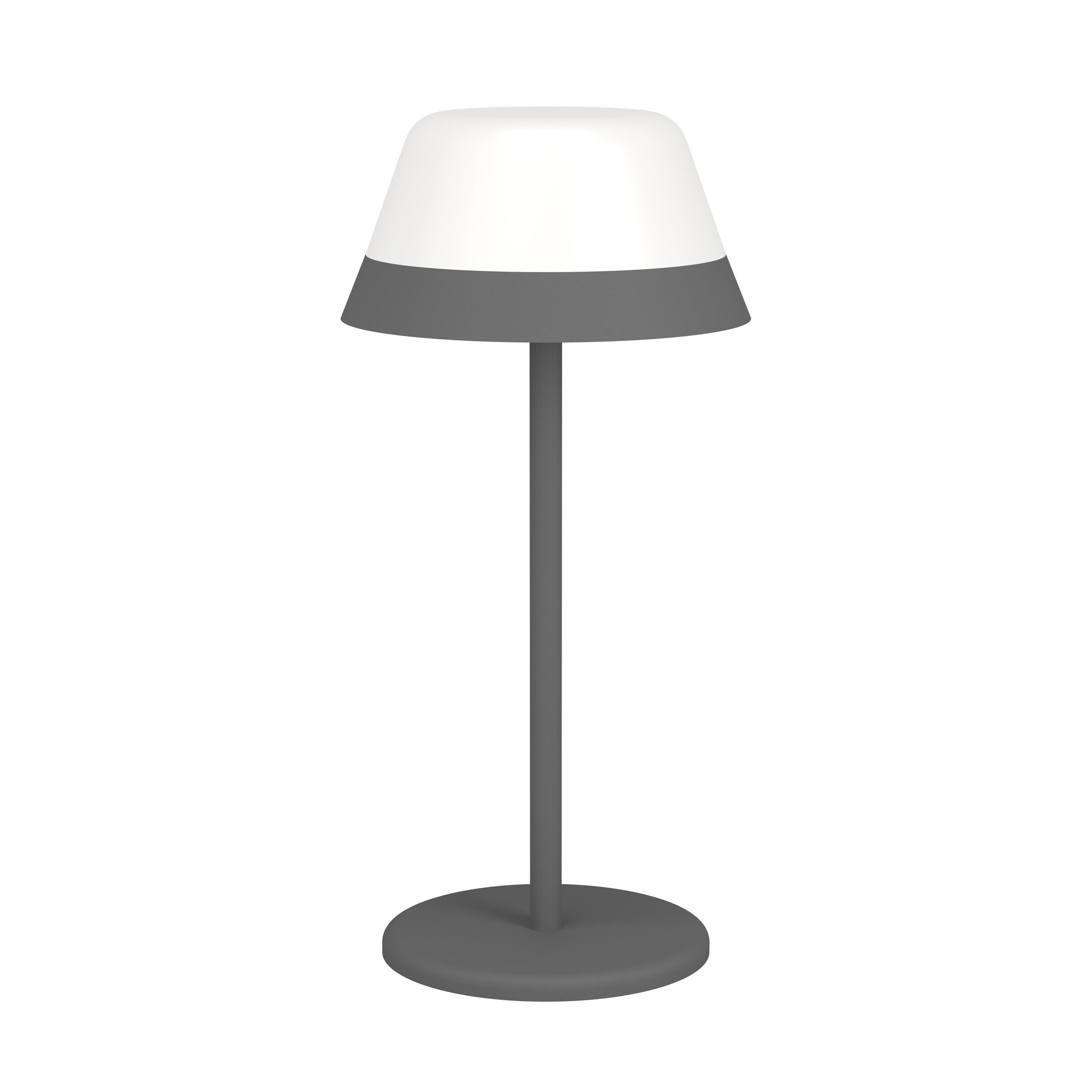 Graue Tischlampe mit weißem Lampenschirm und rundem Fuß auf weißem Hintergrund.