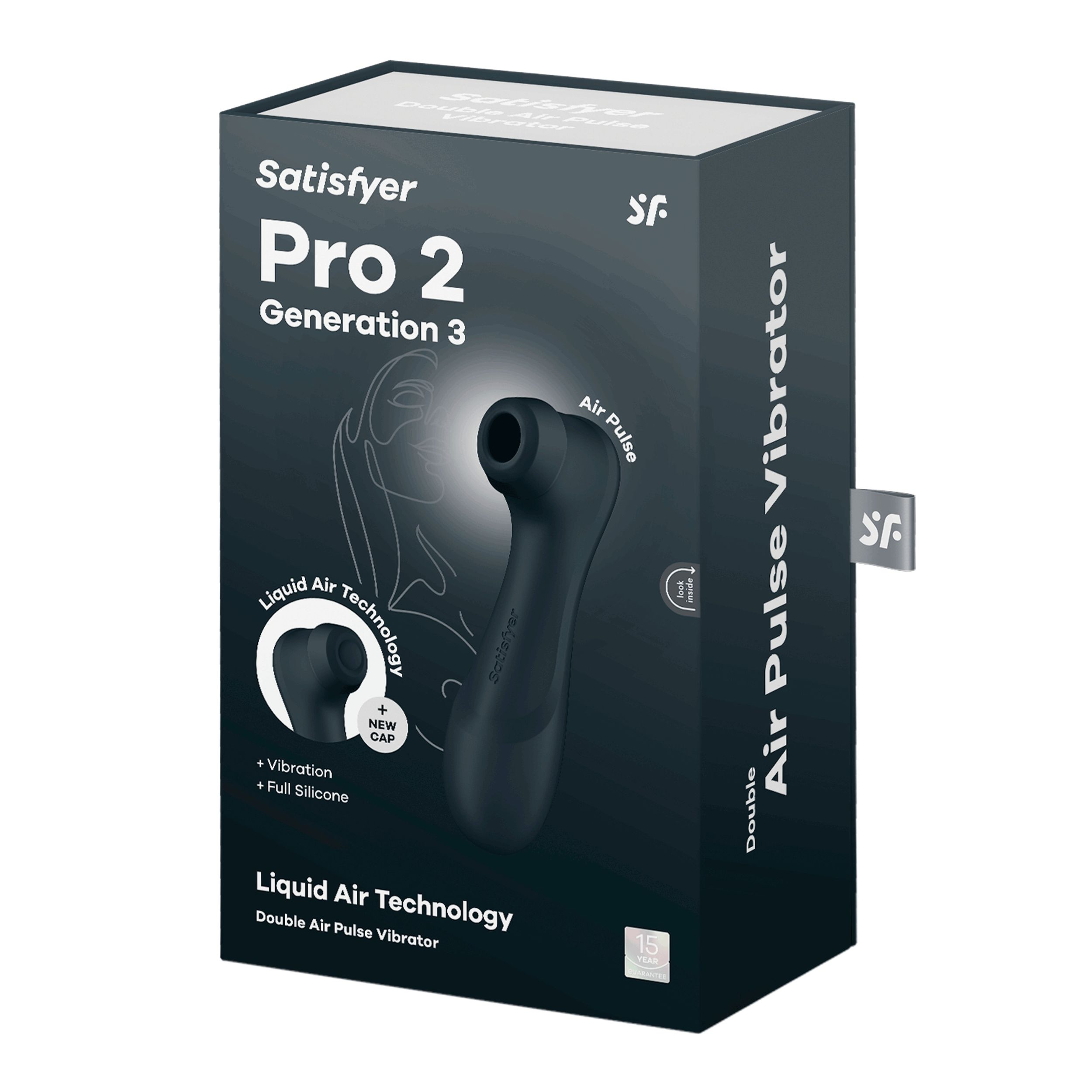 Una caja de vibrador Satisfyer Pro 2 negra con las características del producto.
