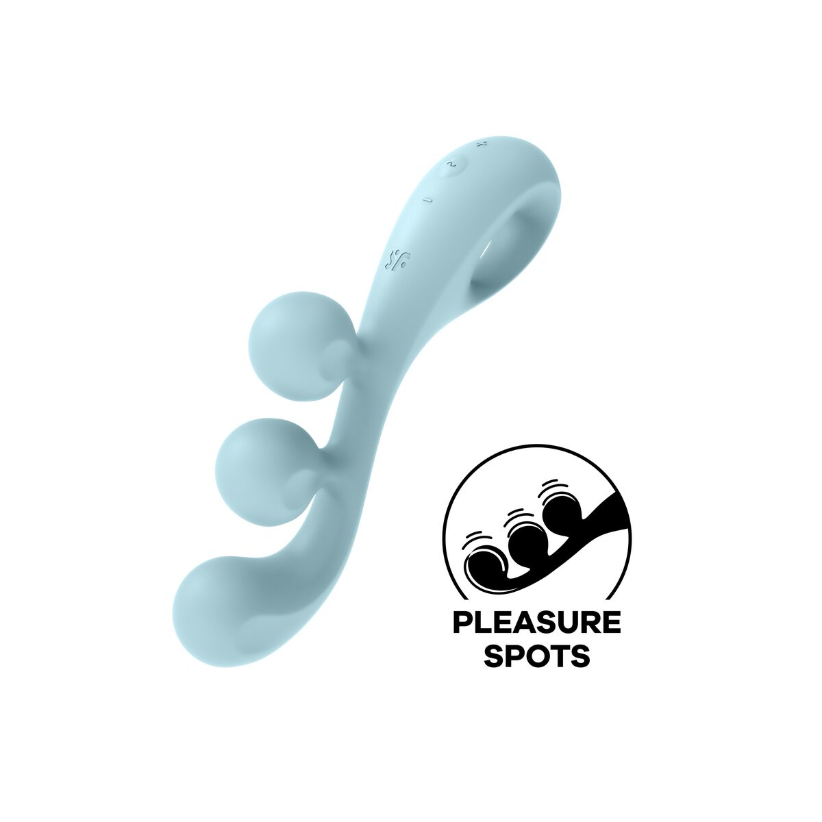 Juguete sexual azul claro con tres bolas y un mango. Se indican puntos de placer.
