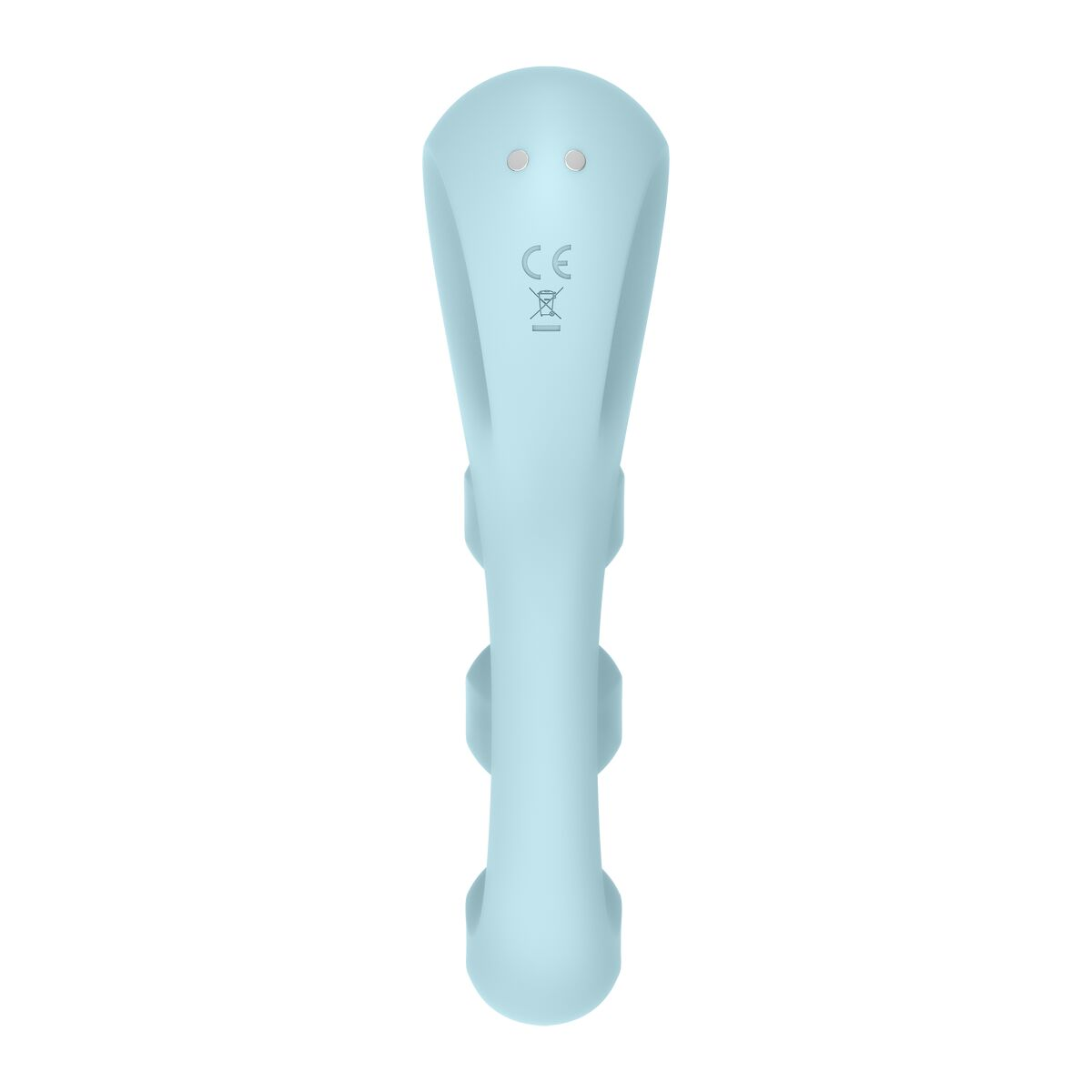 Juguete sexual azul claro, con base redondeada, tres protuberancias y un orificio en la parte superior.