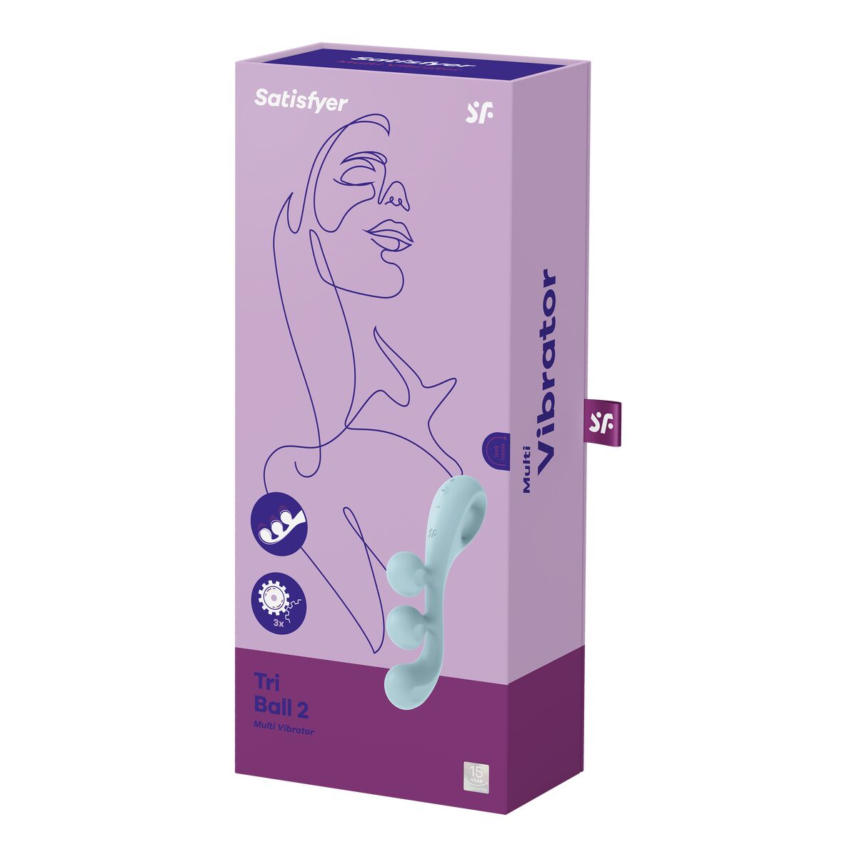 Una caja de vibrador con el dibujo de la cara de una mujer y el nombre del producto.