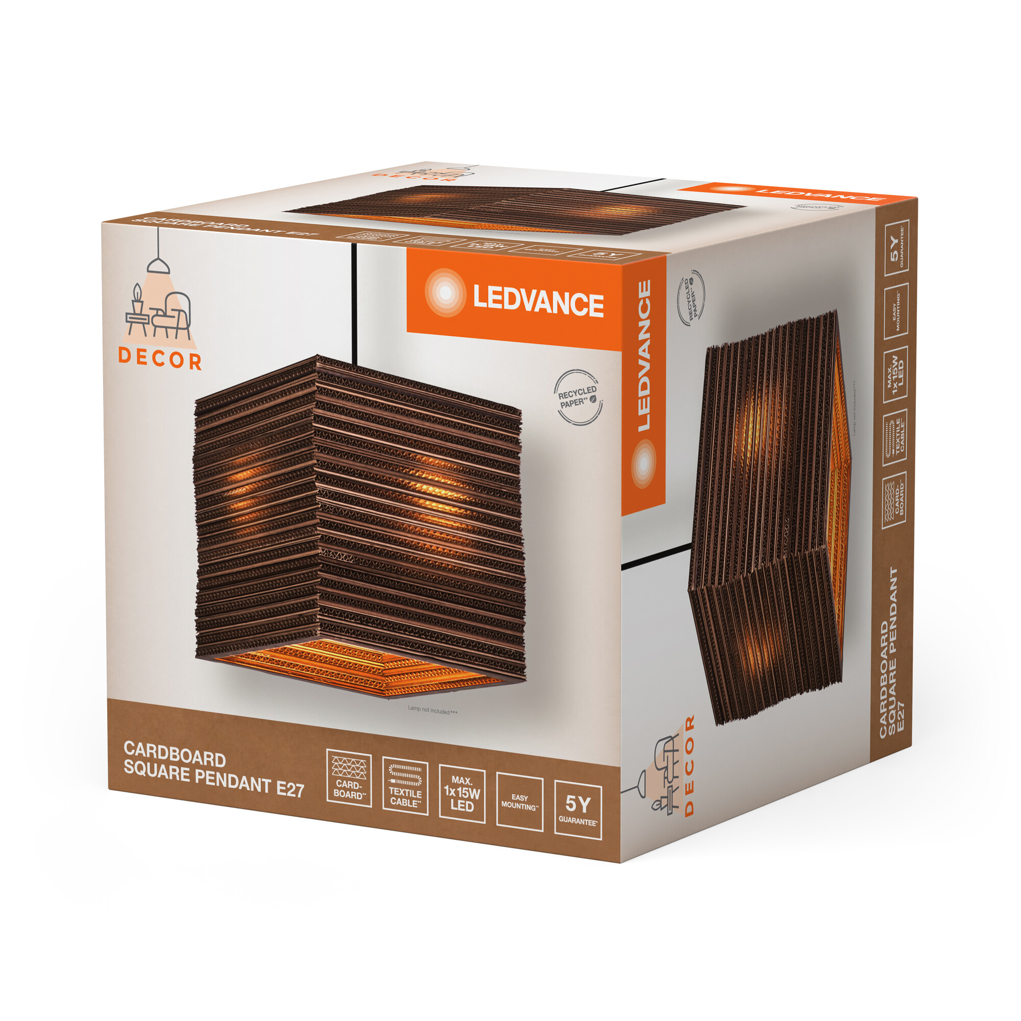 Karton-Quadrat-Pendelleuchte-Box. LEDVANCE-Logo und Bilder der Lampe werden angezeigt.
