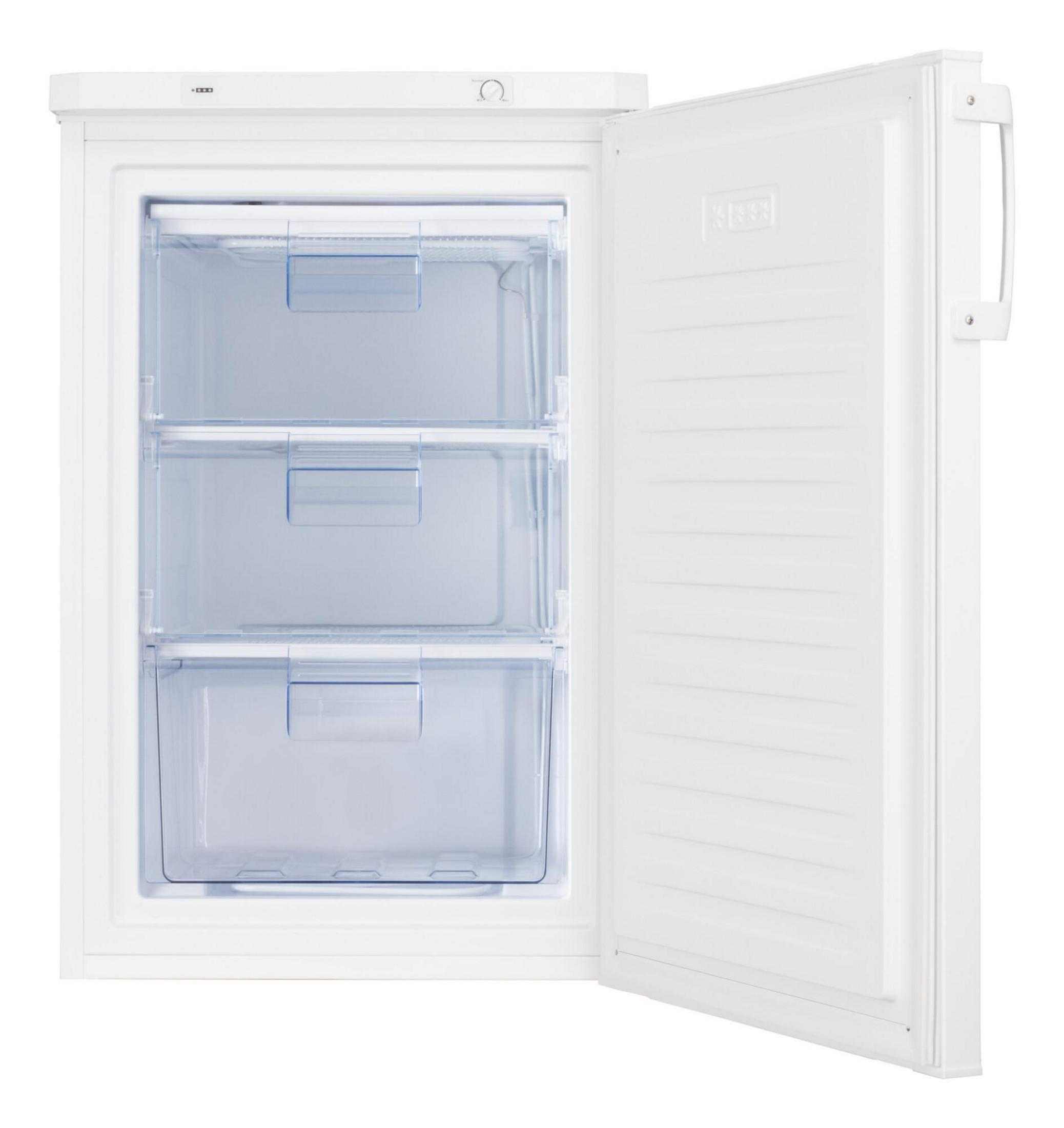 Biała zamrażarka z trzema przezroczystymi szufladami i otwartymi drzwiami na białym tle.