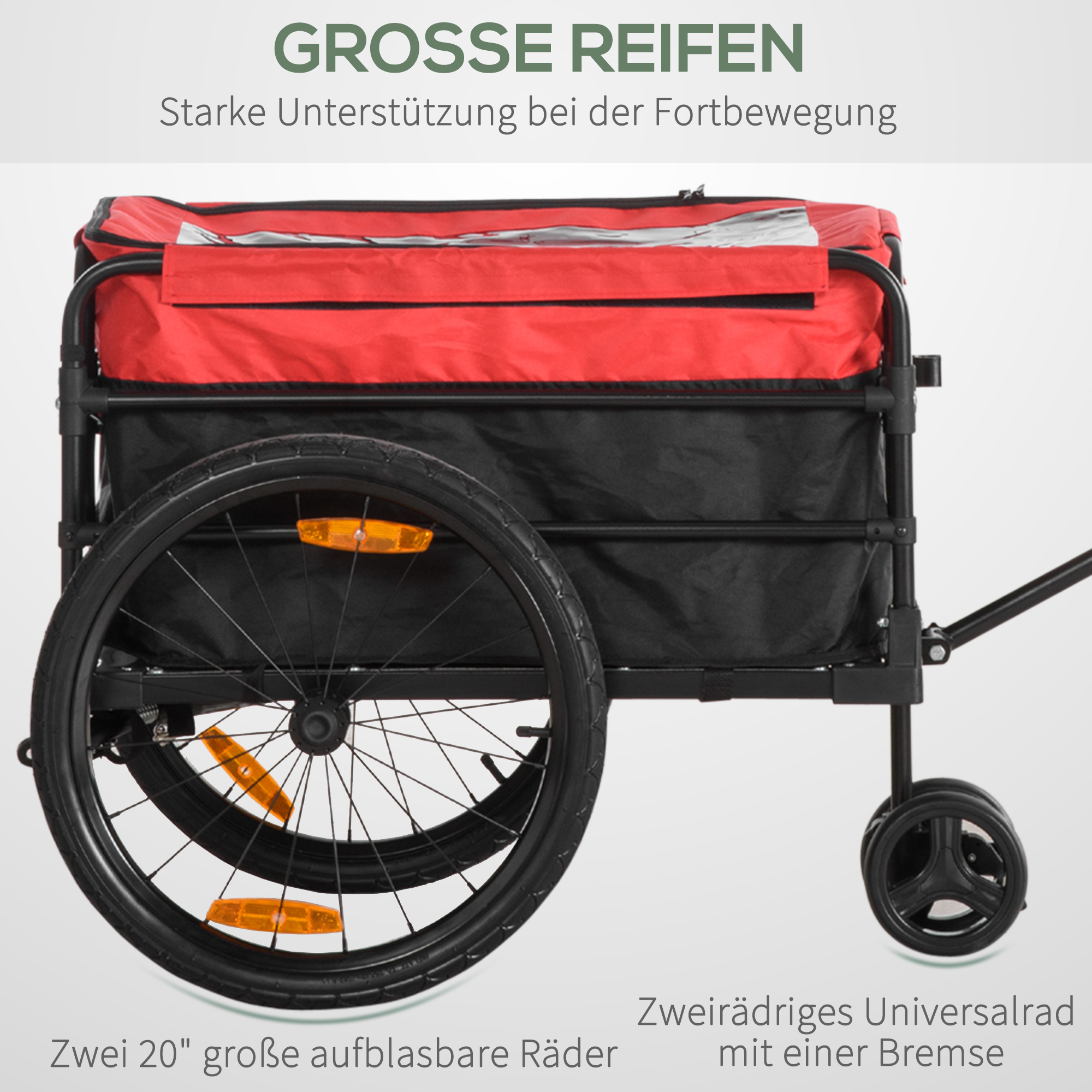 Ein roter und schwarzer Anhänger mit zwei großen Rädern. Text auf Deutsch.
