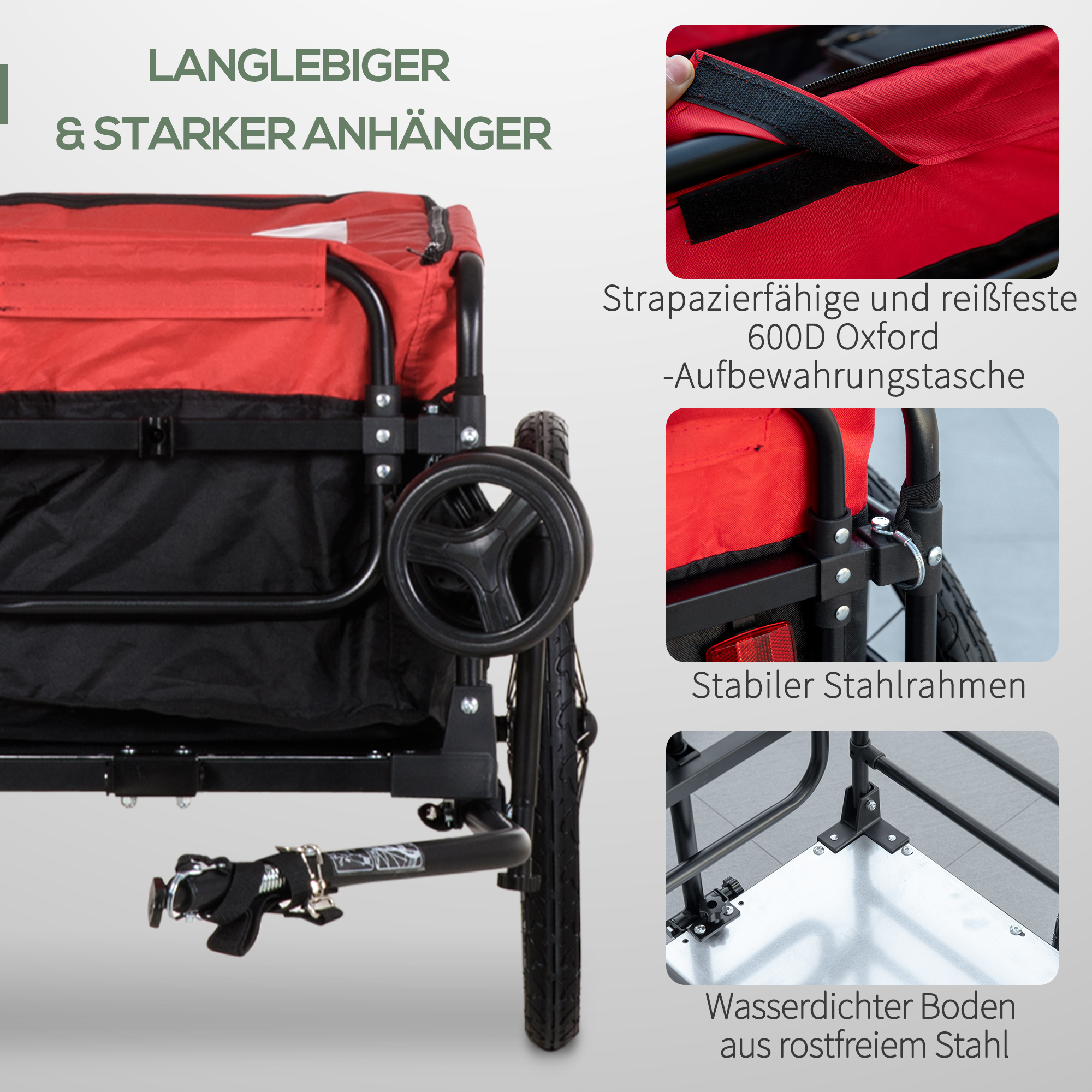 Ein roter und schwarzer Anhänger mit Details. Text auf Deutsch. Zeigt Aufbewahrungstasche und Rahmen.