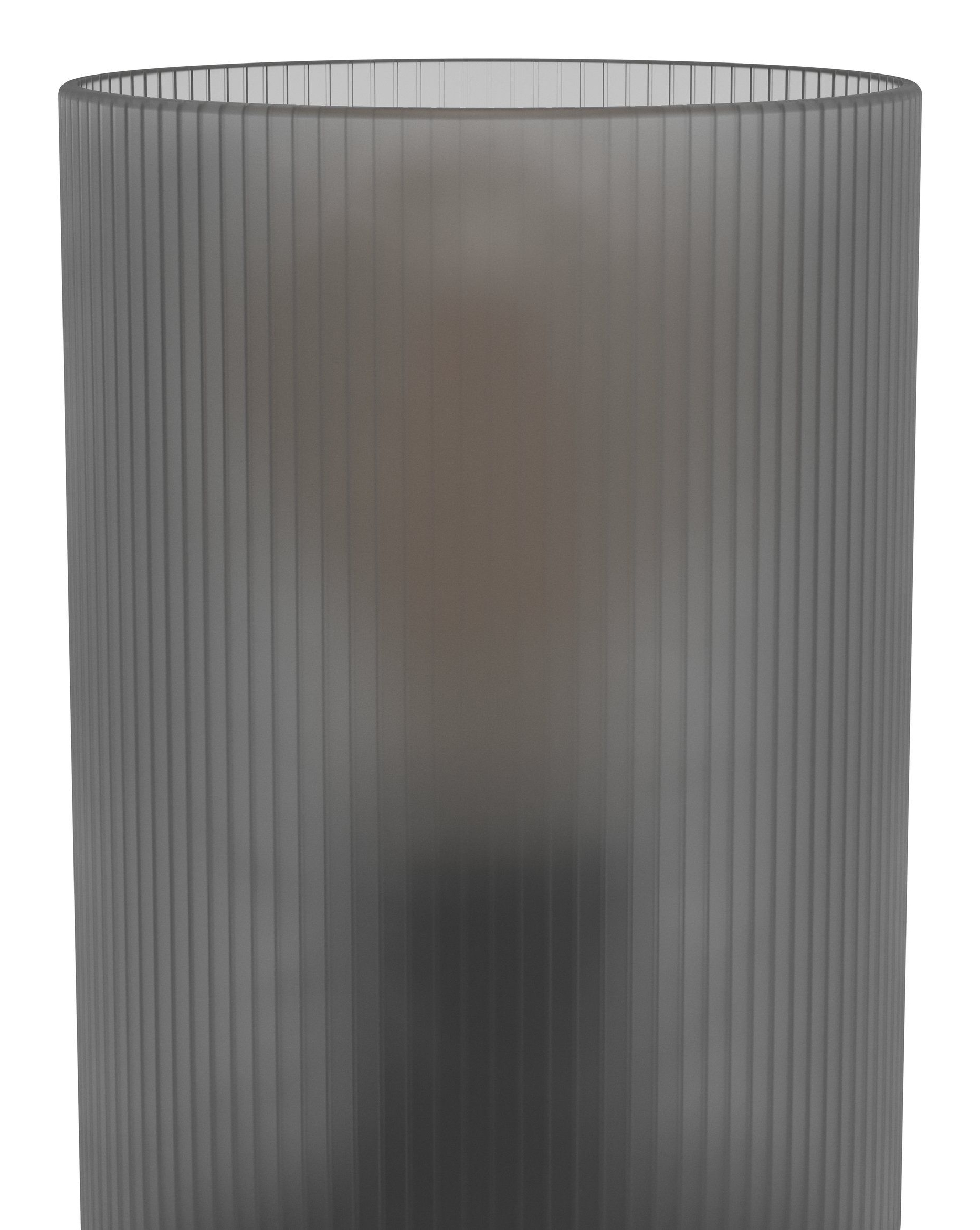 Un bicchiere cilindrico grigio con scanalature verticali.