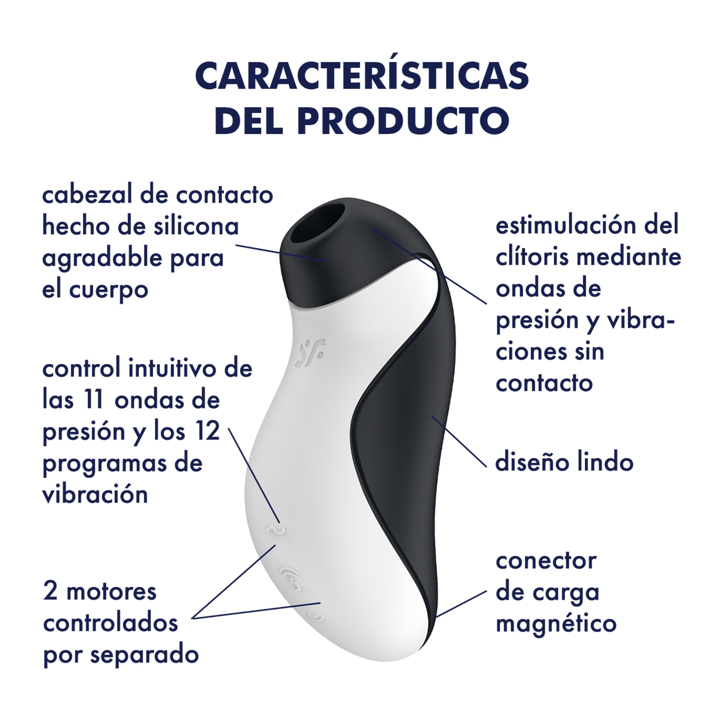 Juguete sexual blanco y negro con etiquetas. Cabezal de contacto, control intuitivo, 2 motores, cargador magnético.