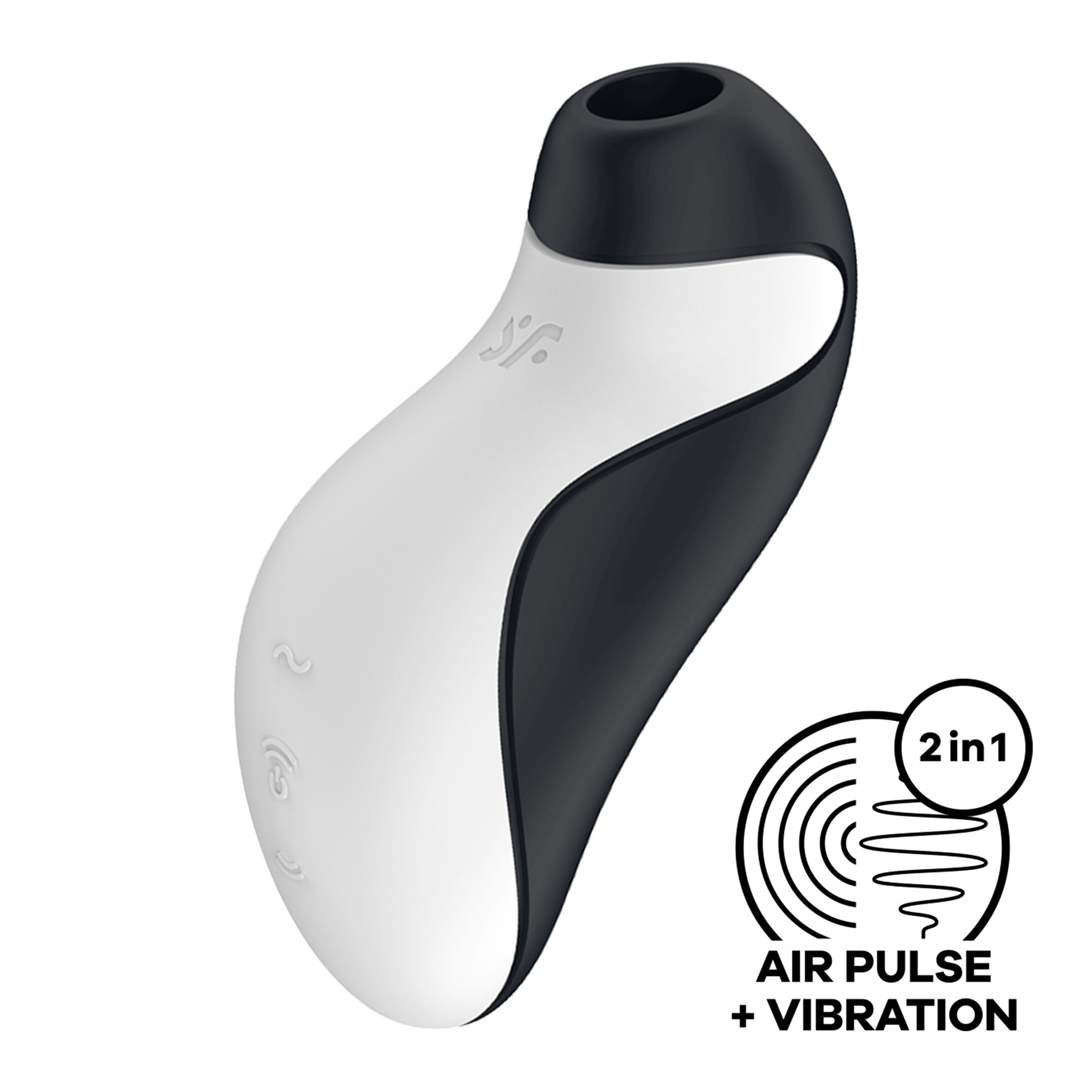 Juguete sexual blanco y negro. 2 en 1: Pulso de aire y vibración, con logo.