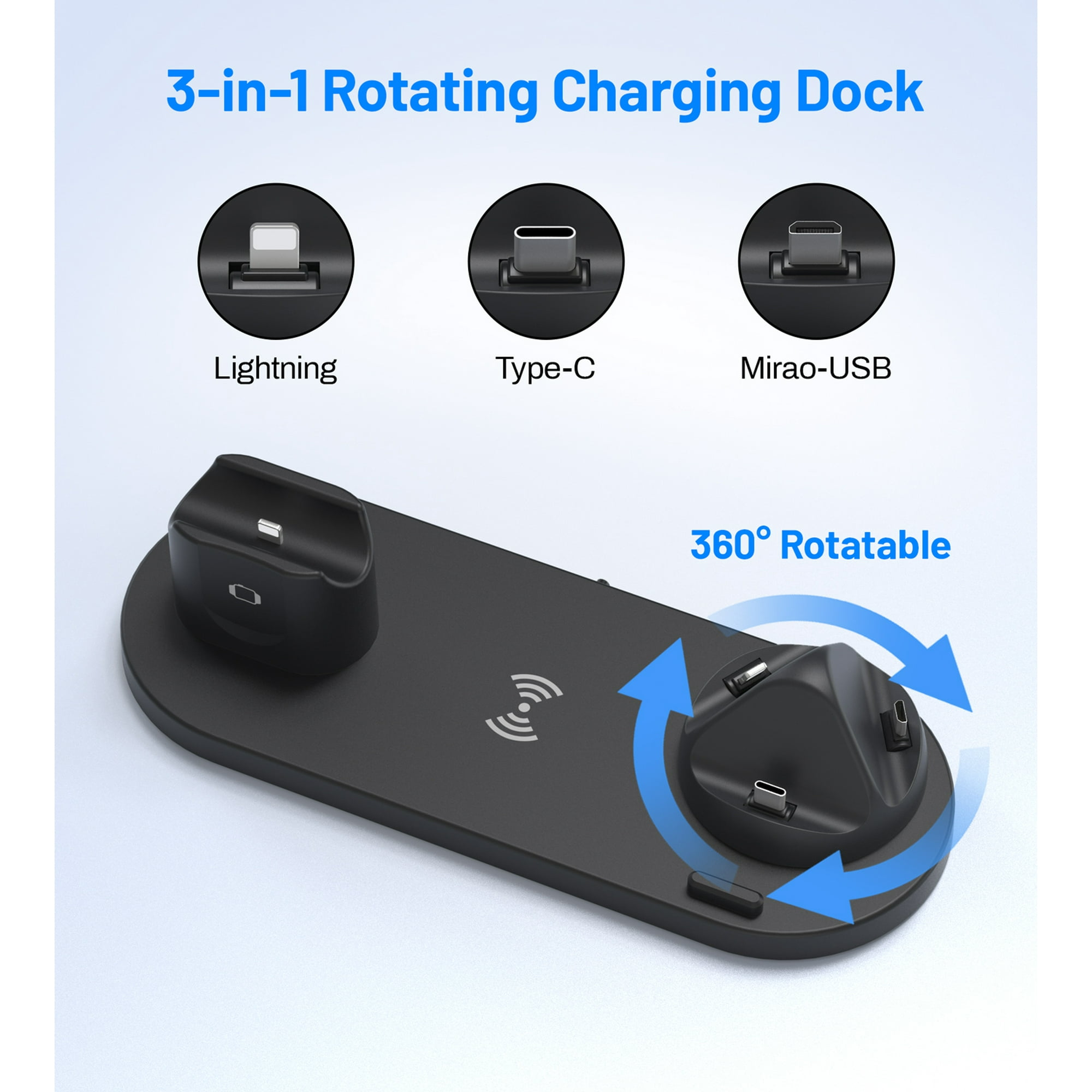 Ein schwarzes 3-in-1-Rotations-Ladegerät mit Lightning-, Typ-C- und Miraio-USB-Anschlüssen.