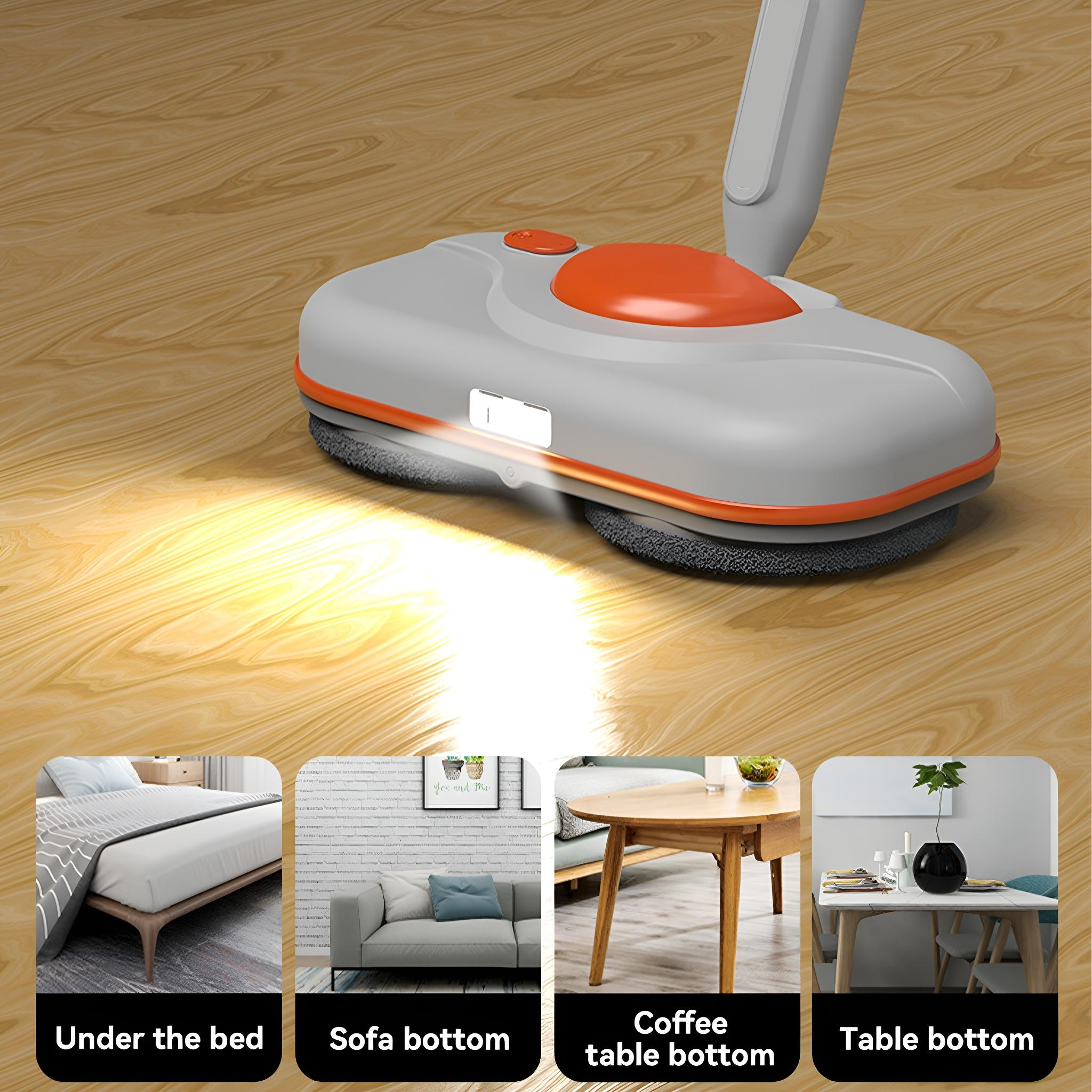 Roboter-Bodenreiniger auf einem Holzboden, mit vier kleinen Szeneneinsätzen: unter Bett, Sofa, Tisch.