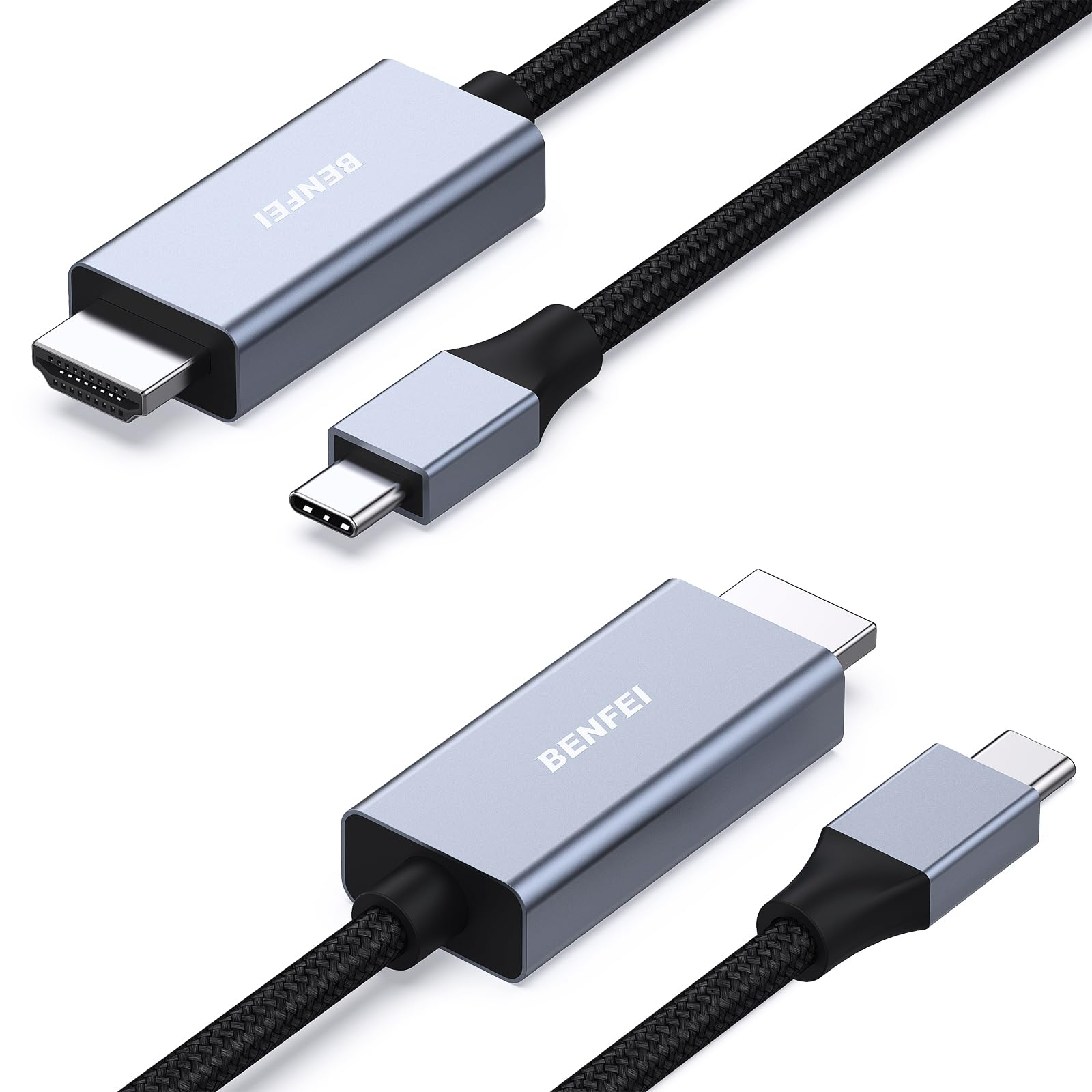 Zwei USB-C-zu-HDMI-Adapter, silber mit schwarzen Kabeln, auf weißem Hintergrund.