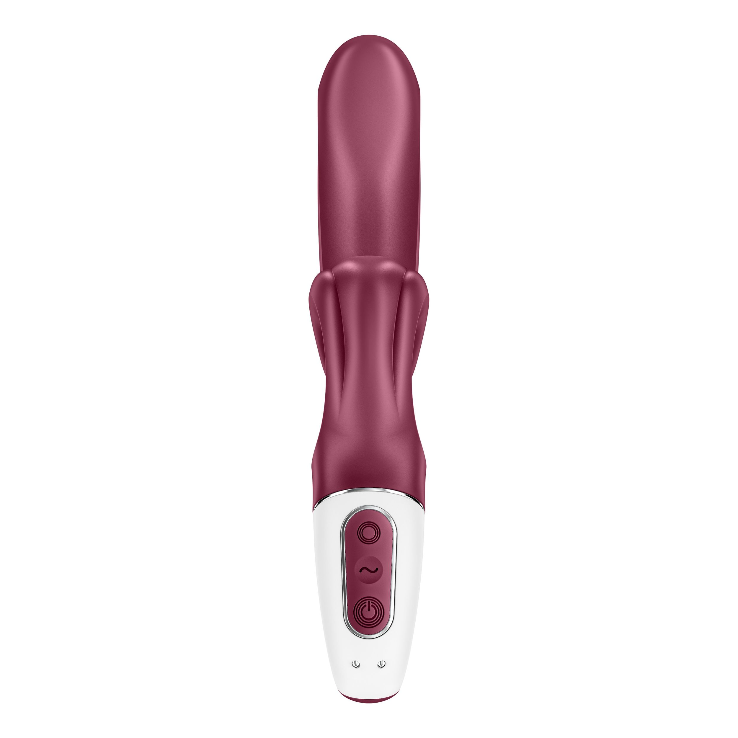 Un vibrador color borgoña con tres botones y dos áreas elevadas y texturizadas.