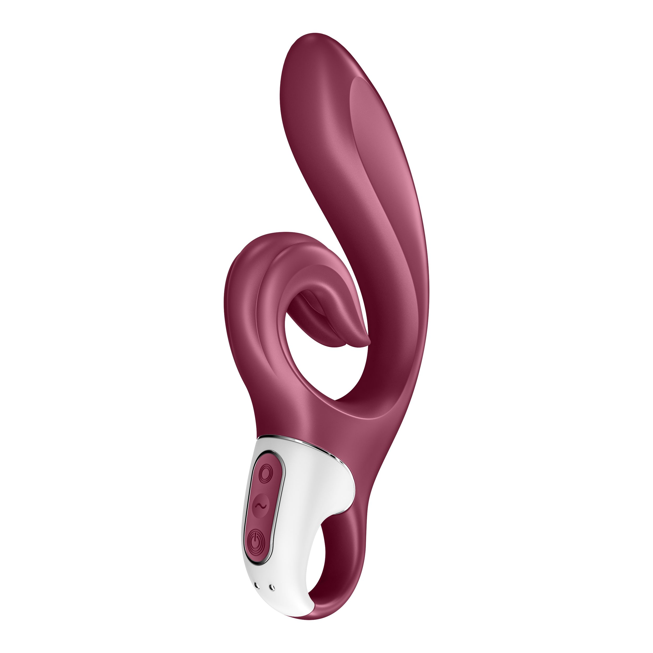 Un vibrador rojo y blanco con forma curva y botones. Diseñado para uso íntimo.