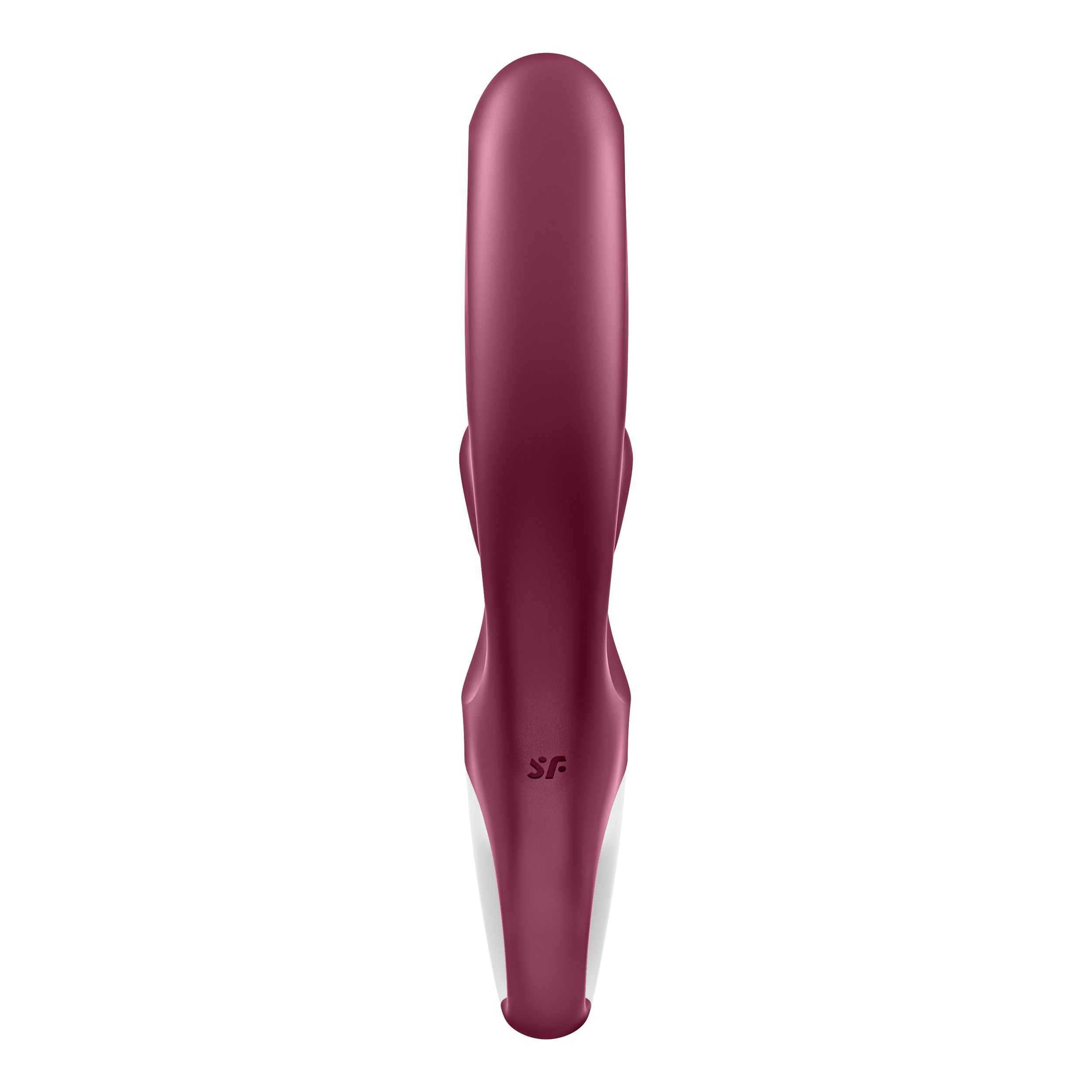 Un juguete sexual burdeos con forma curva, con punta blanca, sobre fondo blanco.
