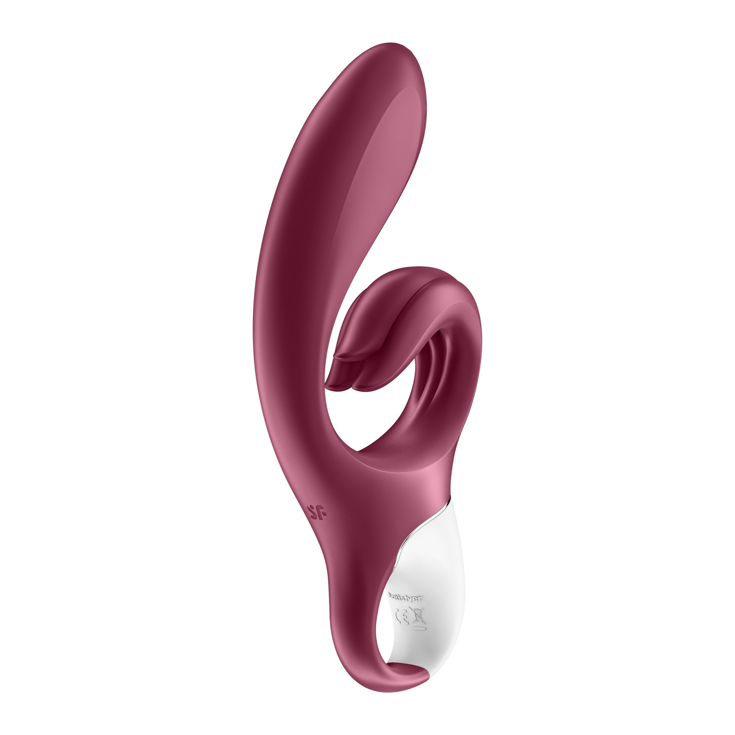 Un vibrador rojo y blanco con forma curva. Diseñado para uso íntimo.