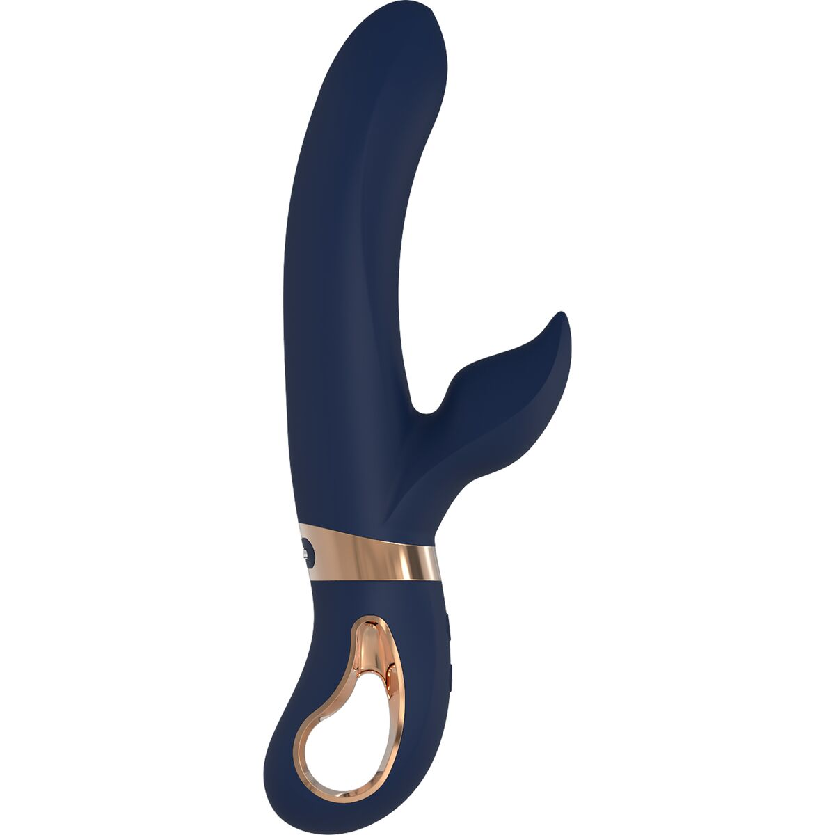 Ein marineblaues Sexspielzeug mit geschwungenem Design, goldenen Akzenten und einer gebogenen Spitze. Es ist vor einem weißen Hintergrund.