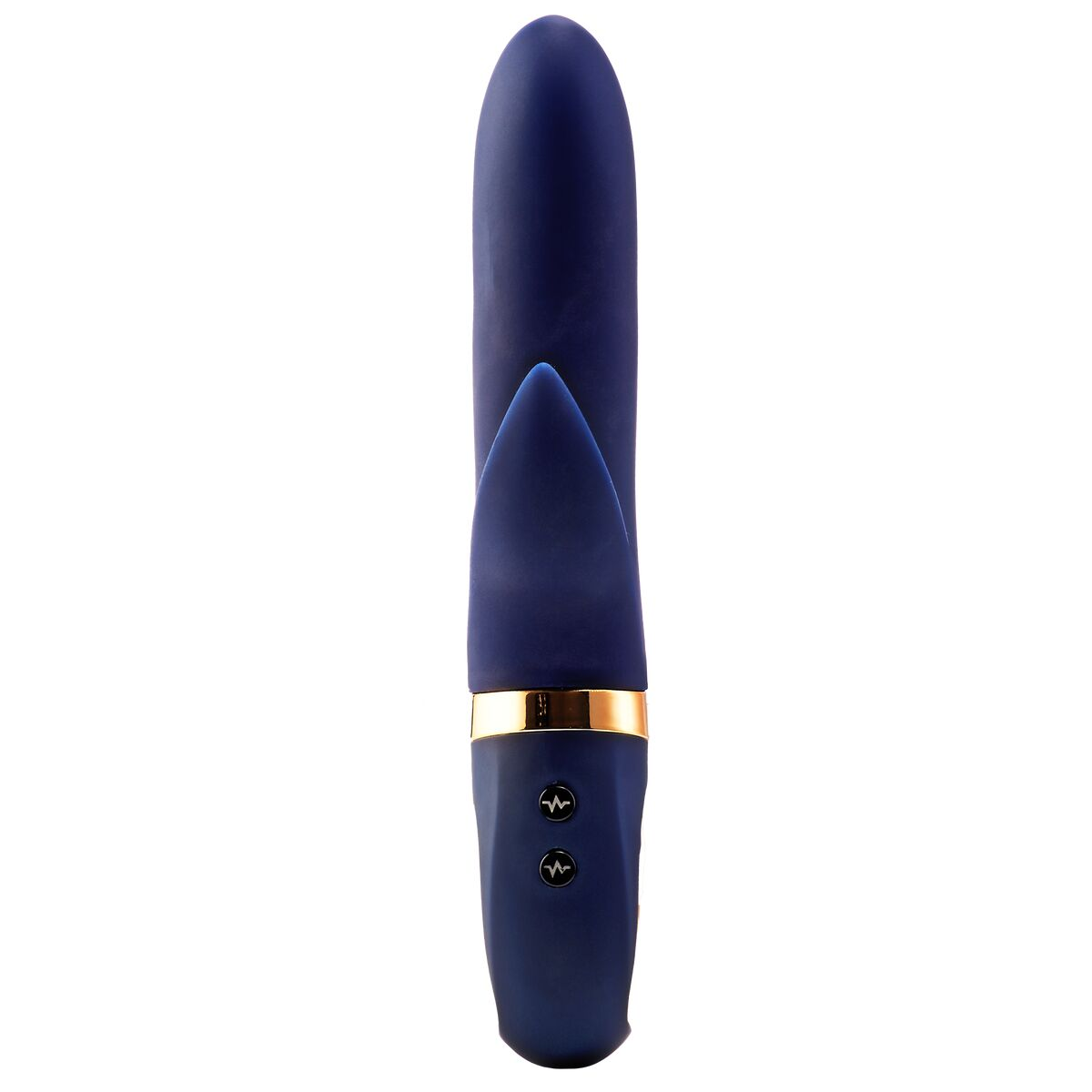 Ein marineblaues Sexspielzeug mit geradem Design, goldenen Akzenten und zwei Knöpfen. Es steht auf weißem Grund.