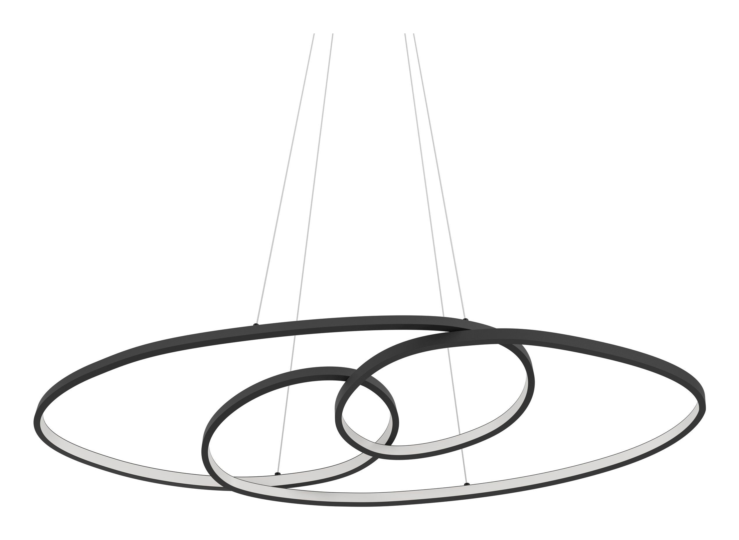 Moderne schwarze Hängeleuchte mit drei miteinander verbundenen Ringen.