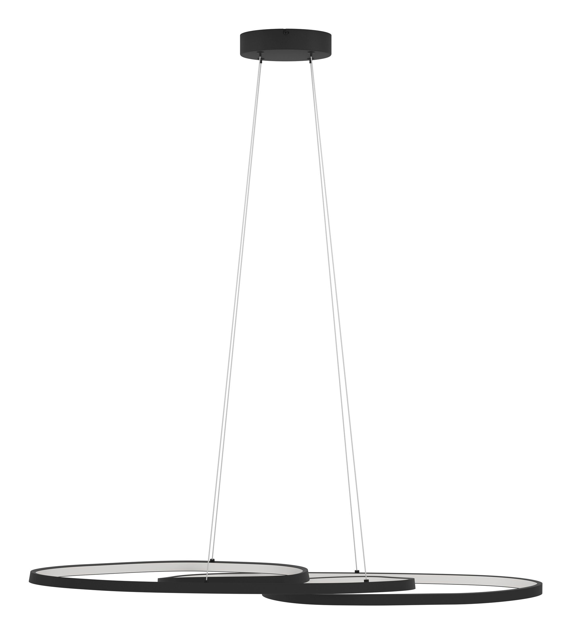 Moderne schwarze Hängeleuchte mit zwei miteinander verbundenen Ringen.