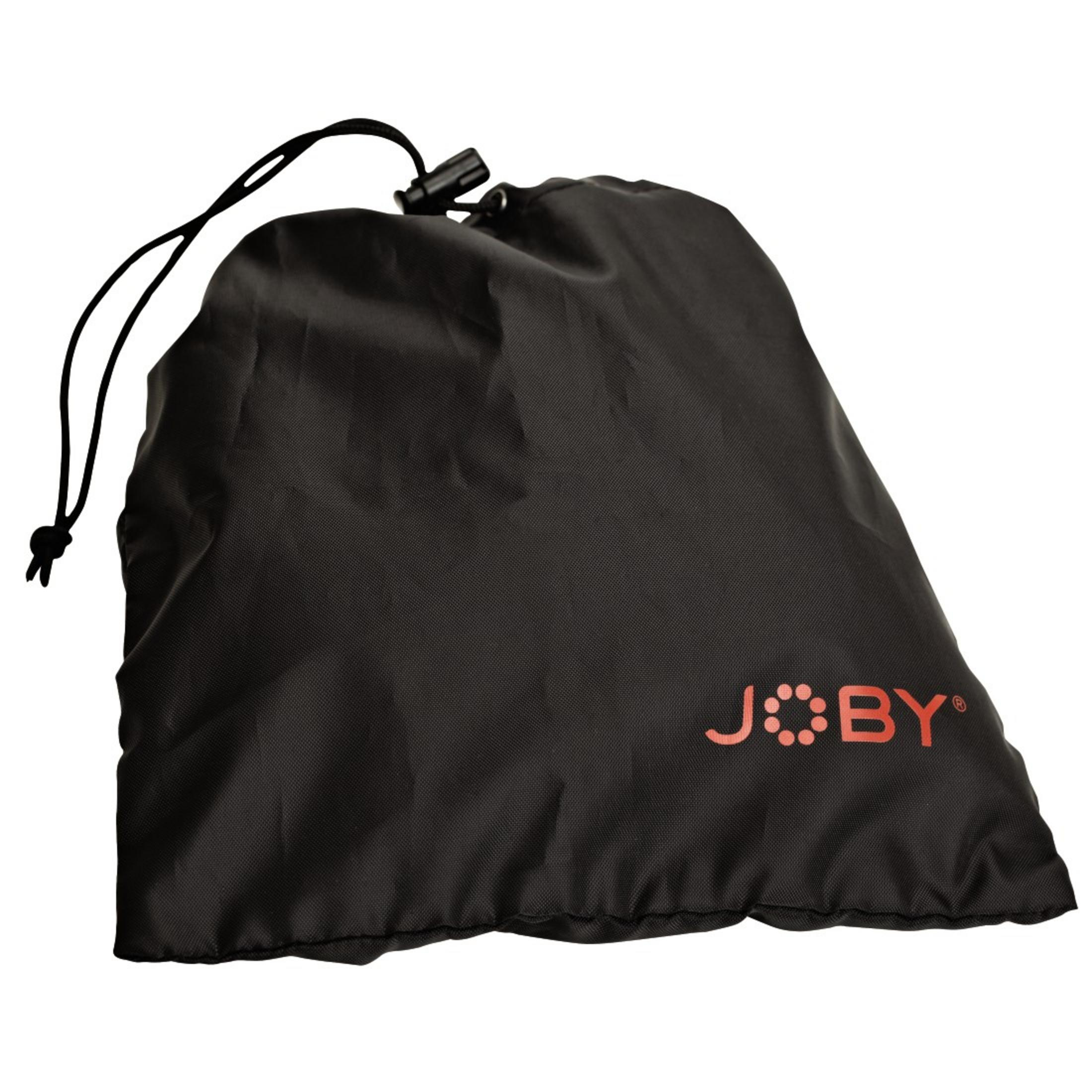 Czarny materiałowy worek ze sznurkiem i napisem 'JOBY' w kolorze czerwonym.