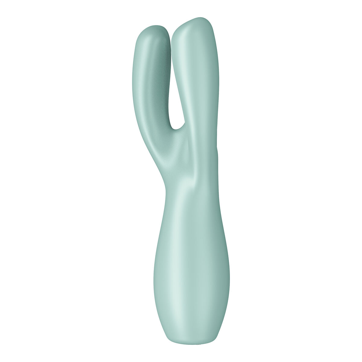 Un juguete sexual azul claro con forma curva, parecido a un conejo.