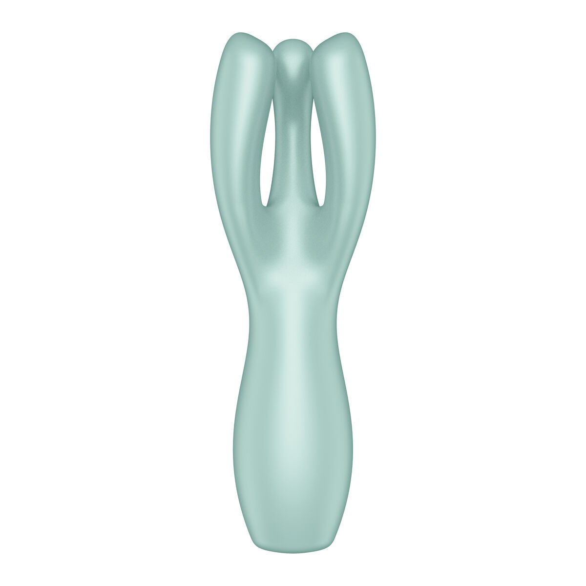 Un juguete sexual verde claro en forma de tres puntas, sobre un fondo blanco.