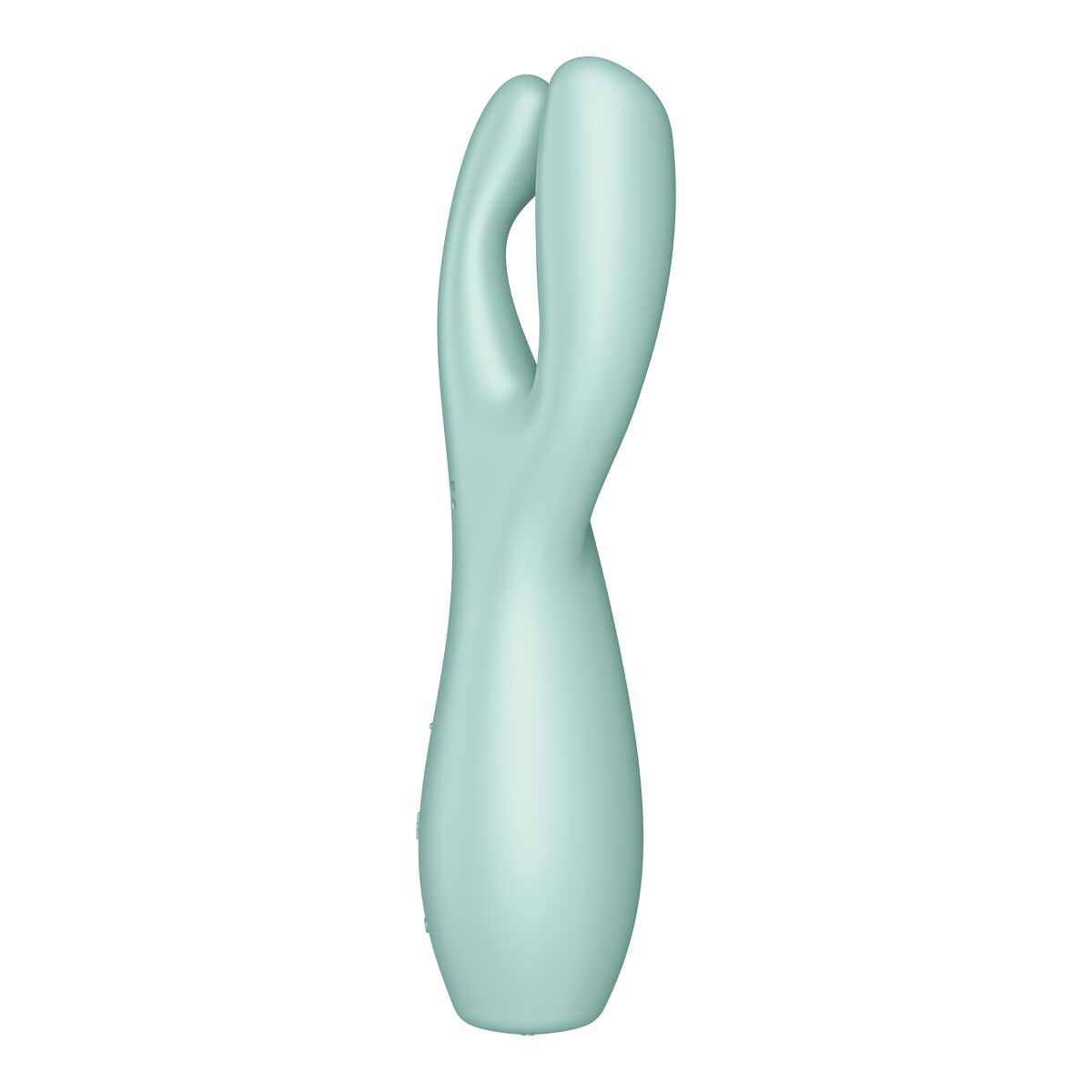 Un vibrador de color verde azulado claro con un diseño curvo único y una superficie lisa.