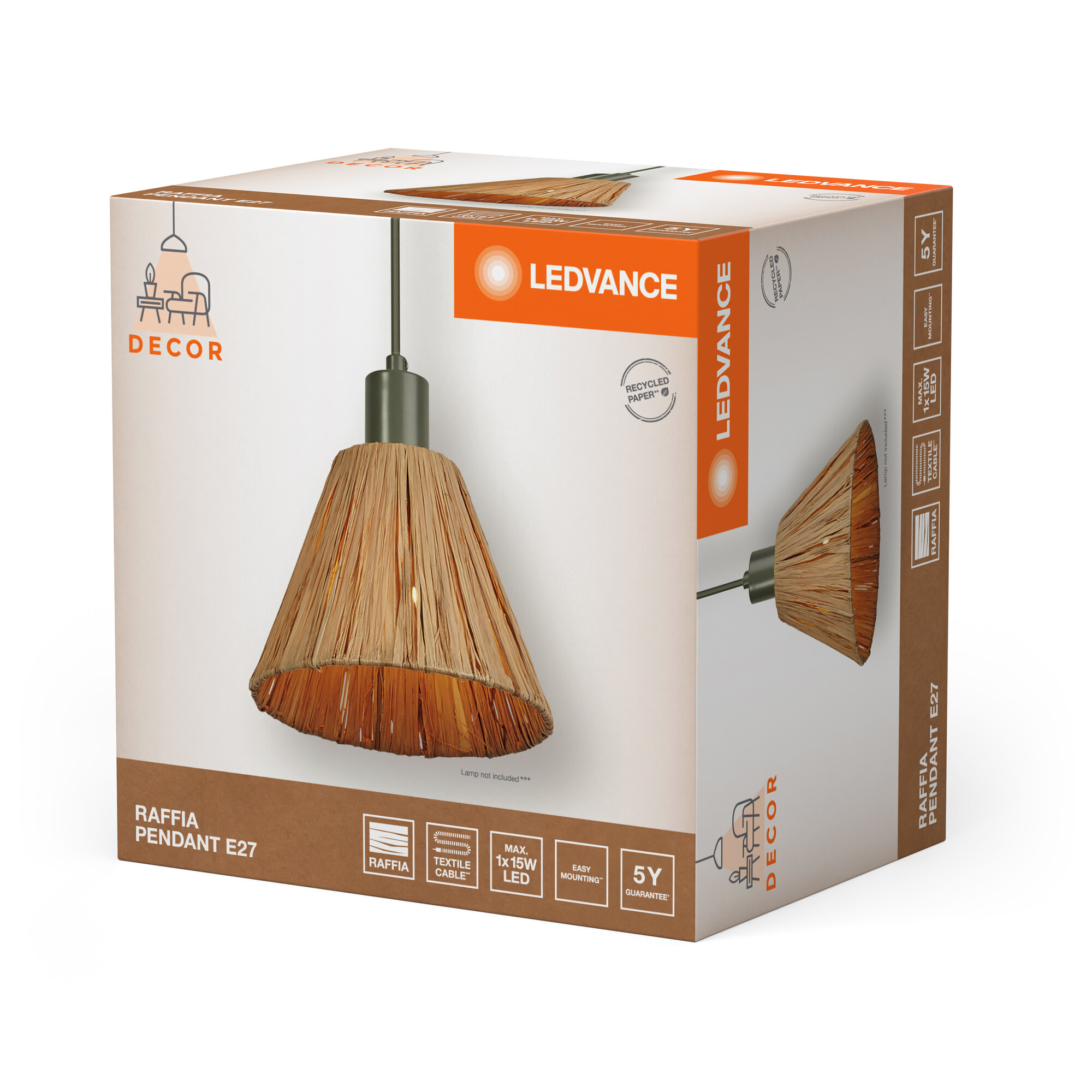Eine Box mit einem Lampenbild darauf. Die Lampe ist von Produktinformationen umgeben.