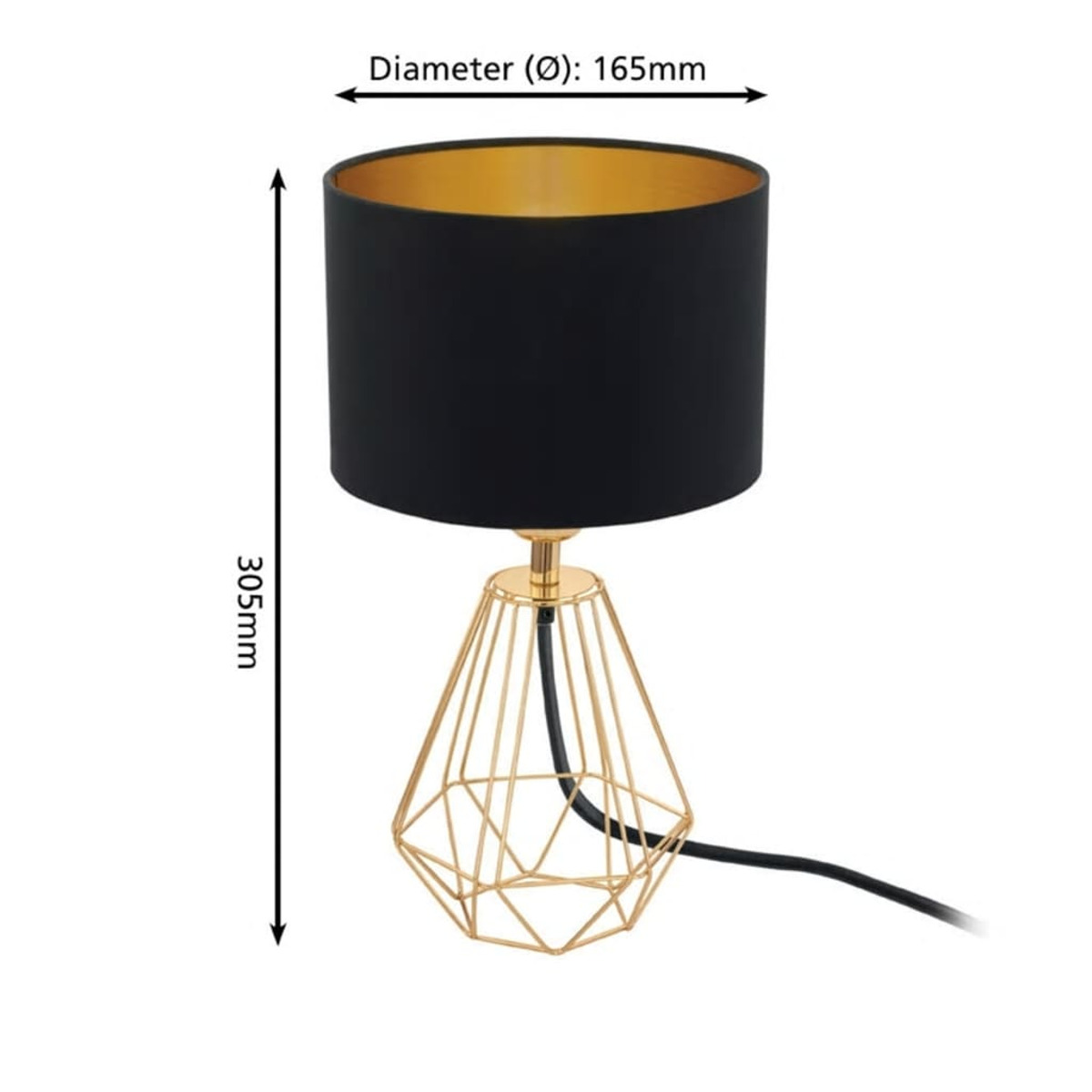 Lampada da tavolo nera e oro con paralume cilindrico e base geometrica. Le dimensioni sono indicate.