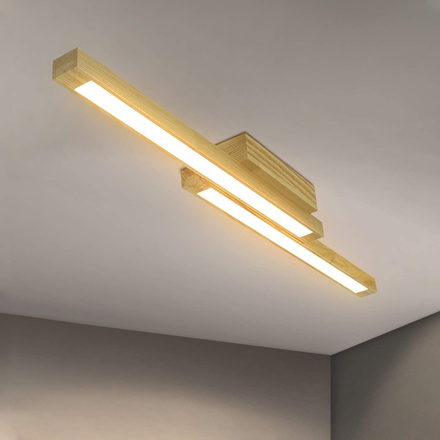 Deckenleuchte aus Holz mit zwei rechteckigen Lichtern.