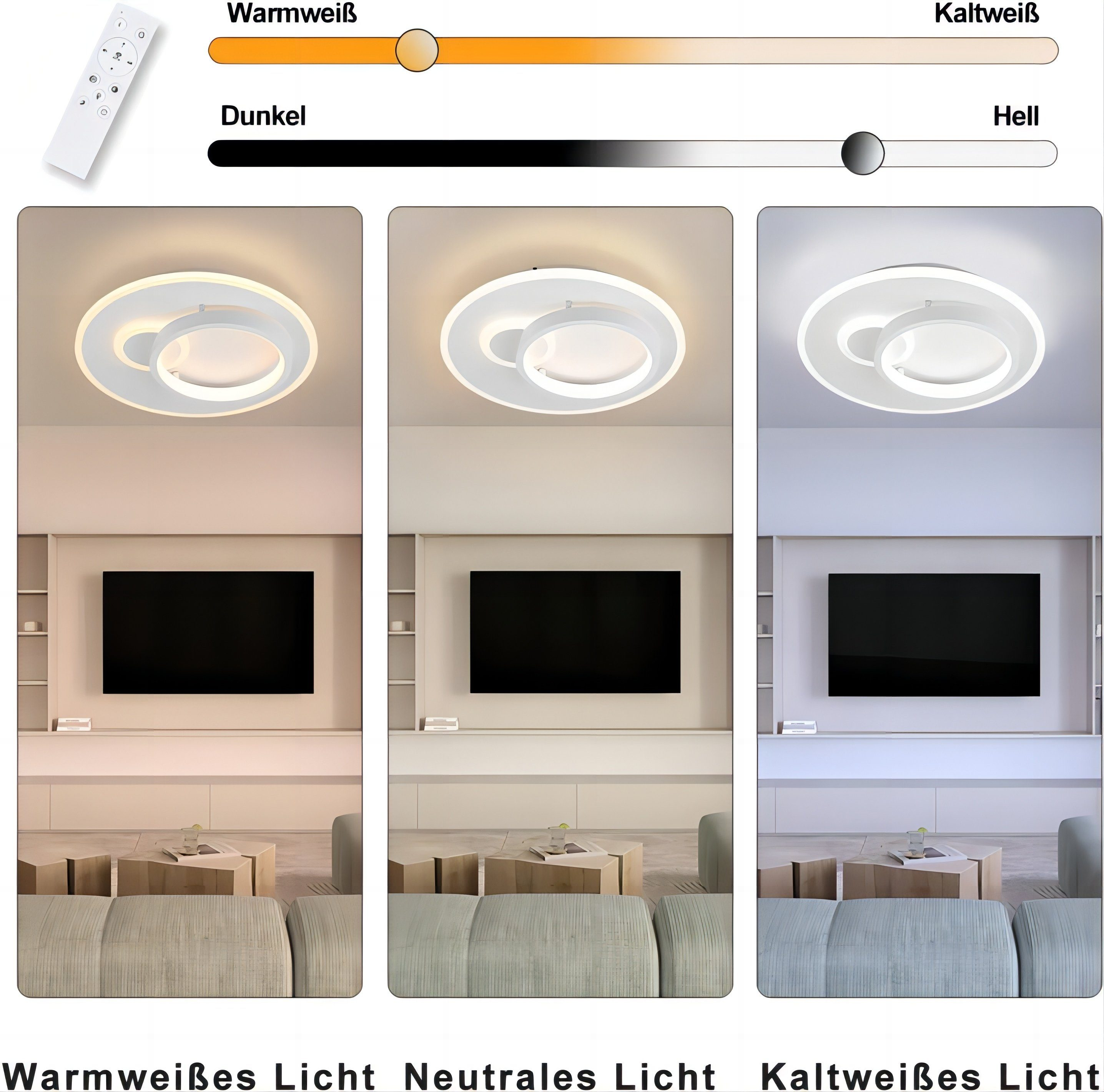 Drei Bilder einer Lampe mit verschiedenen Lichteinstellungen: warmweiß, neutral und kaltweiß, über einem Fernseher.