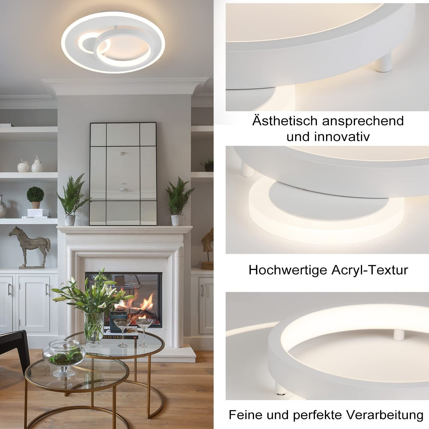 Weiße, moderne Deckenlampe mit zwei verbundenen Kreisen. Innenraum mit Kamin, Blumen und Glastischen.