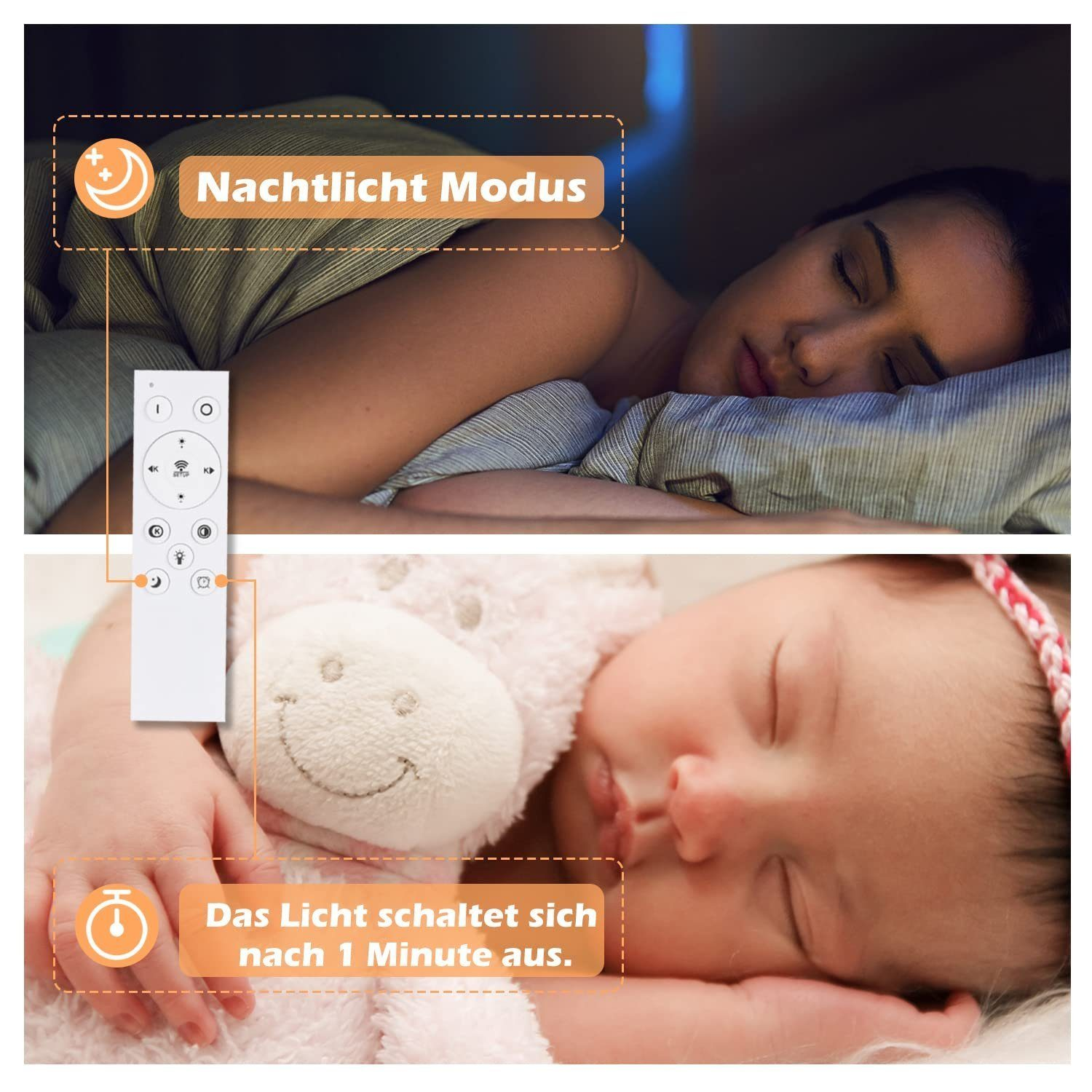 Das Bild zeigt eine schlafende Frau und ein schlafendes Baby. Die Fernbedienung ist vor der Frau.