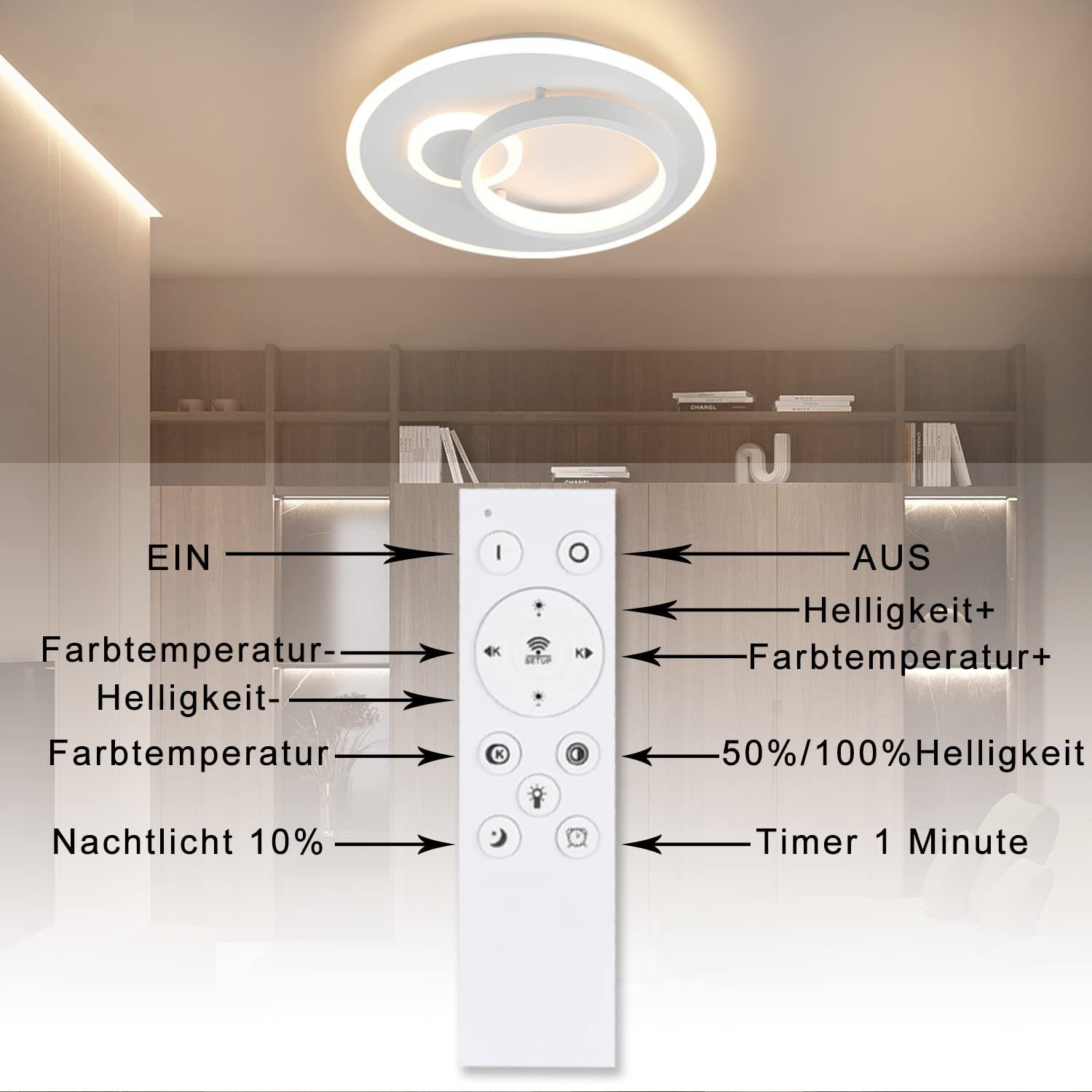 Fernbedienung mit deutschen beschrifteten Tasten für eine Deckenleuchte. Das Licht ist im Hintergrund.