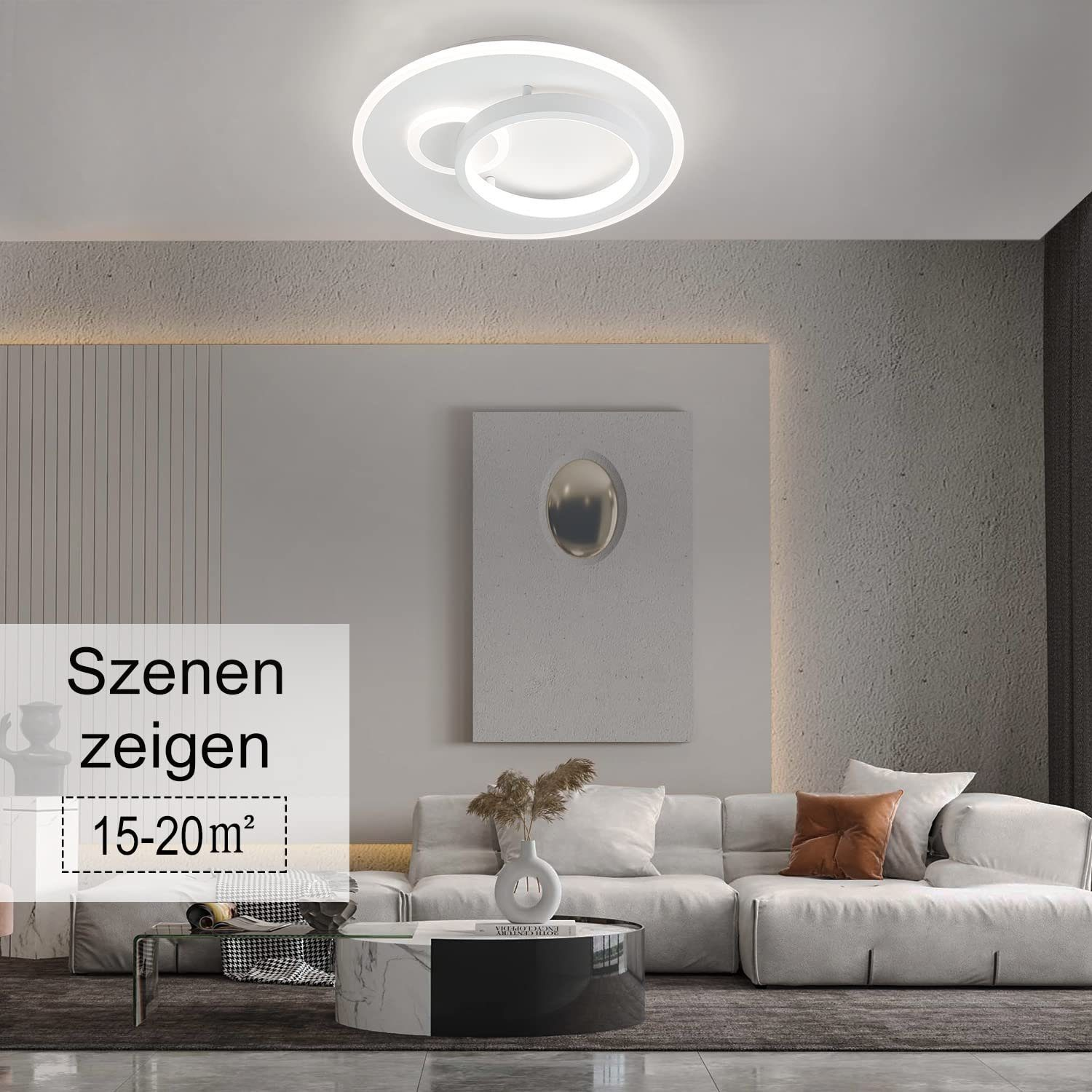 Eine weiße Deckenleuchte in einem Wohnzimmer. Ein modernes Wohnzimmer mit Sofa und Kunstwerk.