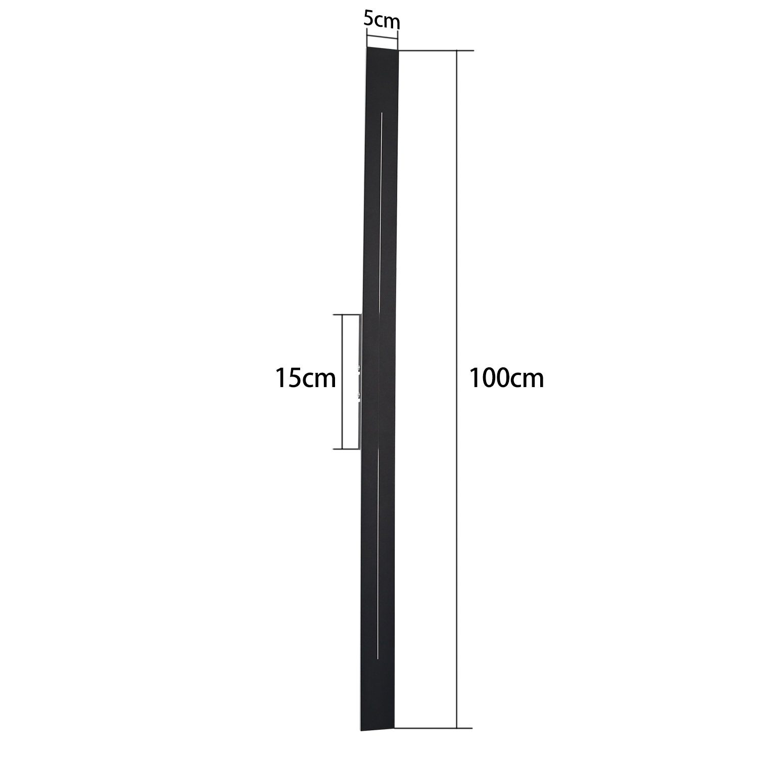 Diagram przedstawiający wymiary czarnej oprawy oświetleniowej: 100 cm długości, 15 cm szerokości i 5 cm grubości.
