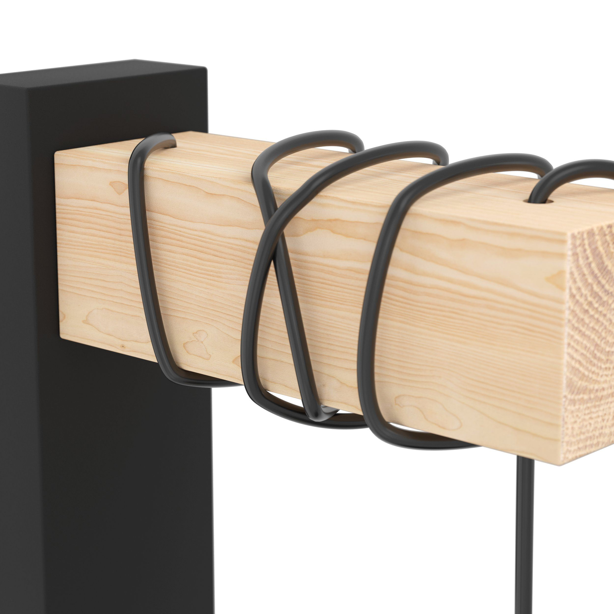 Trave in legno con filo metallico nero avvolto, montata su parete nera. Sfondo bianco.