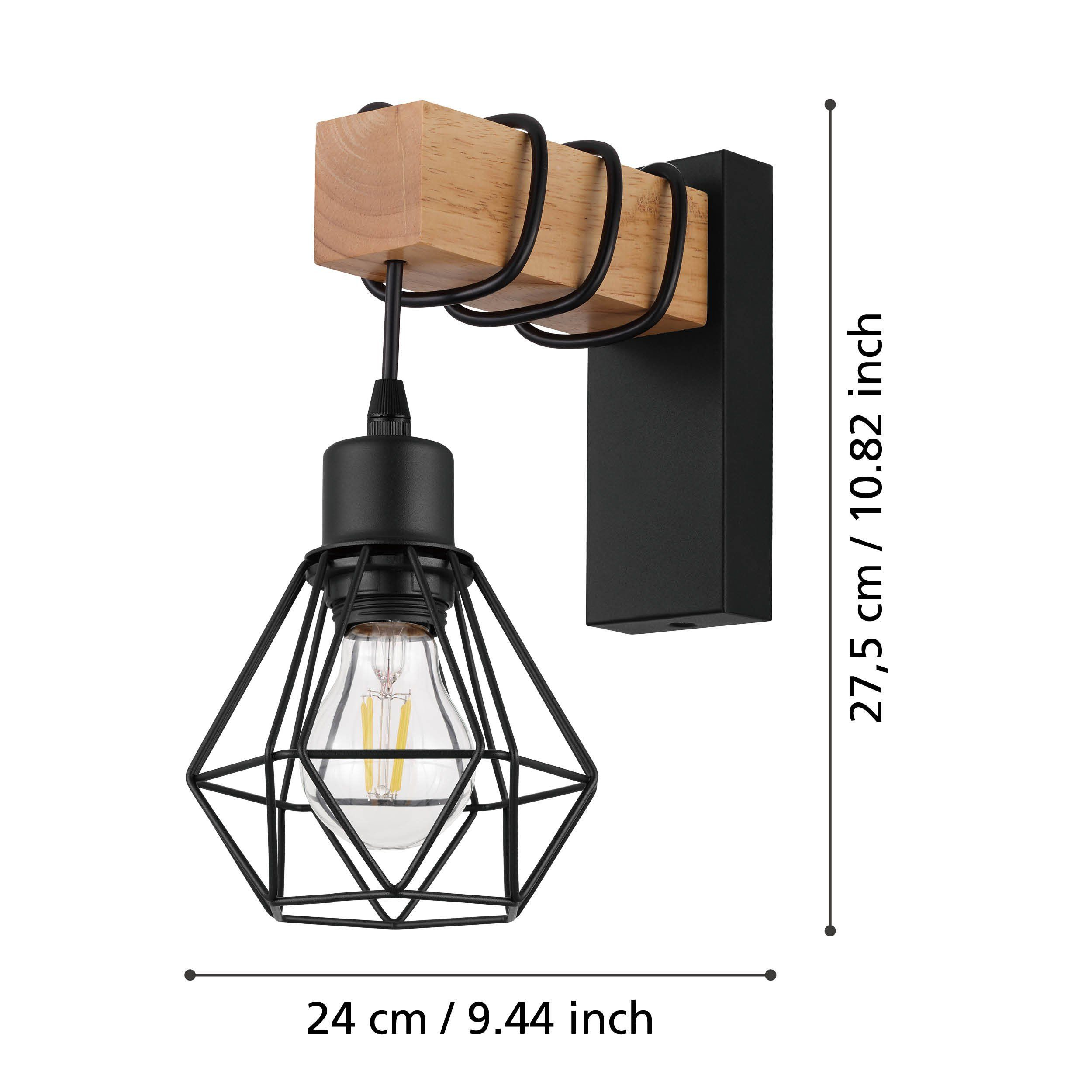Lampada a sospensione a gabbia in metallo nero con accento in legno e misure.