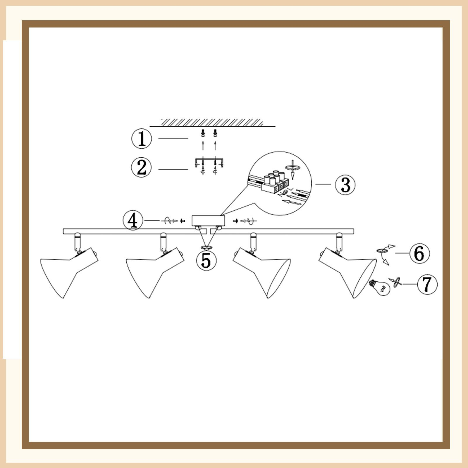Schema di installazione di una lampada da soffitto con parti numerate. Mostra viti, fili e teste della lampada.