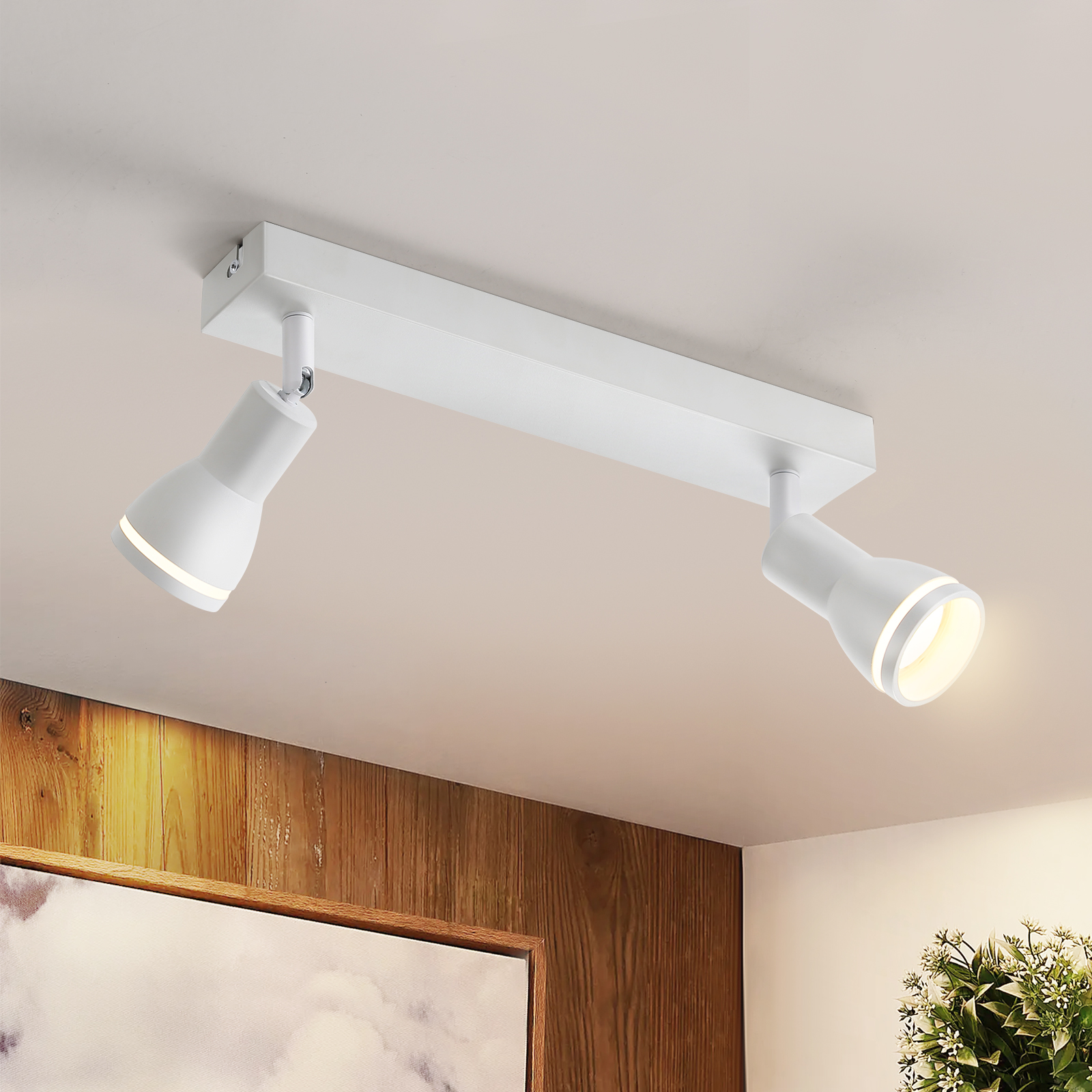 Due faretti bianchi montati a soffitto. Le luci sono accese. Lo sfondo è legno e bianco.