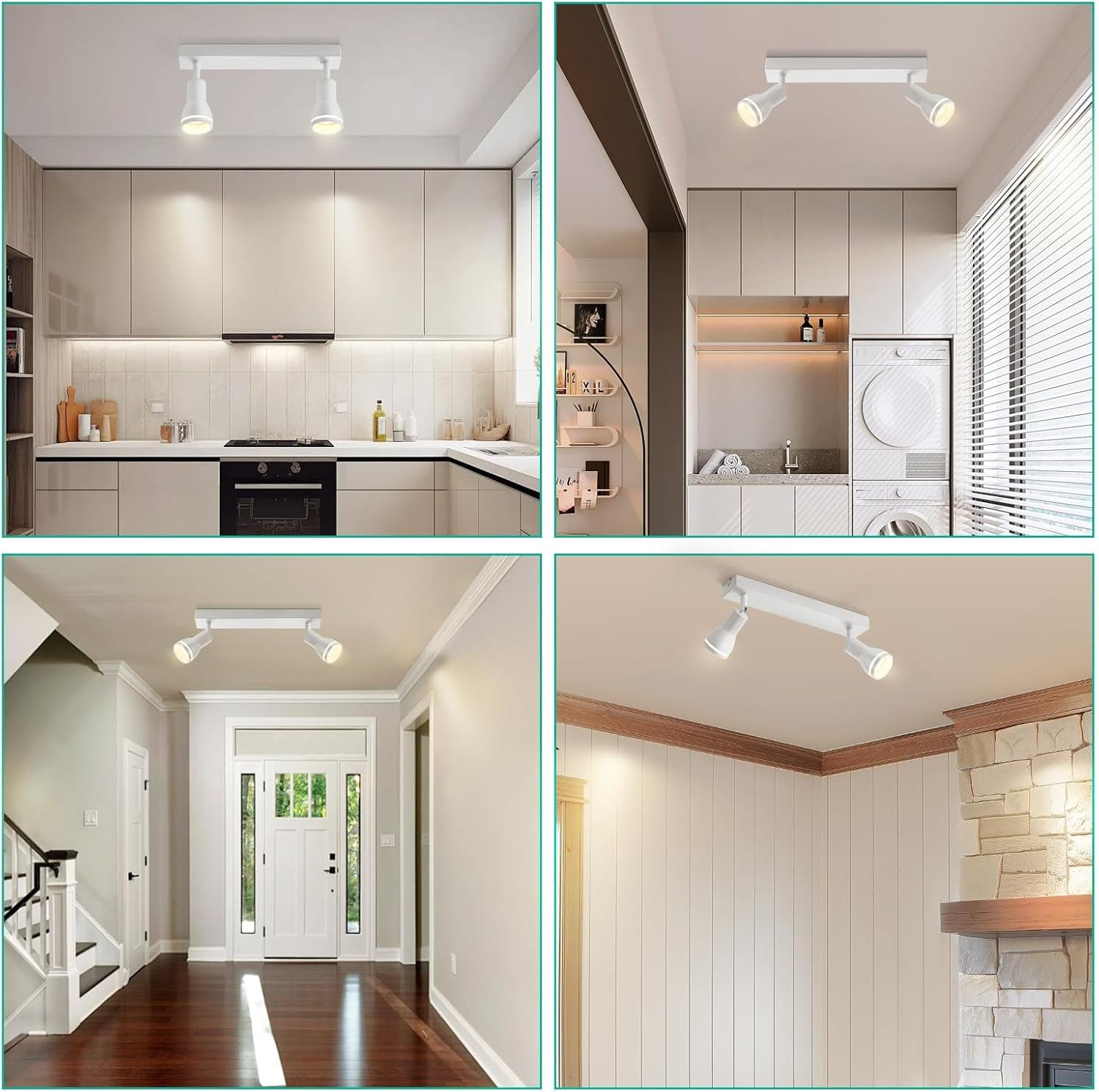 Quattro foto di faretti bianchi montati a soffitto in diversi ambienti. Tutti sono accesi.