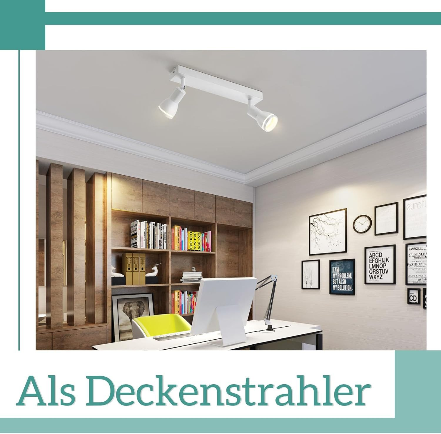 Faretti bianchi montati a soffitto, sopra una scrivania, testo: Als Deckenstrahler (Come faretti a soffitto).