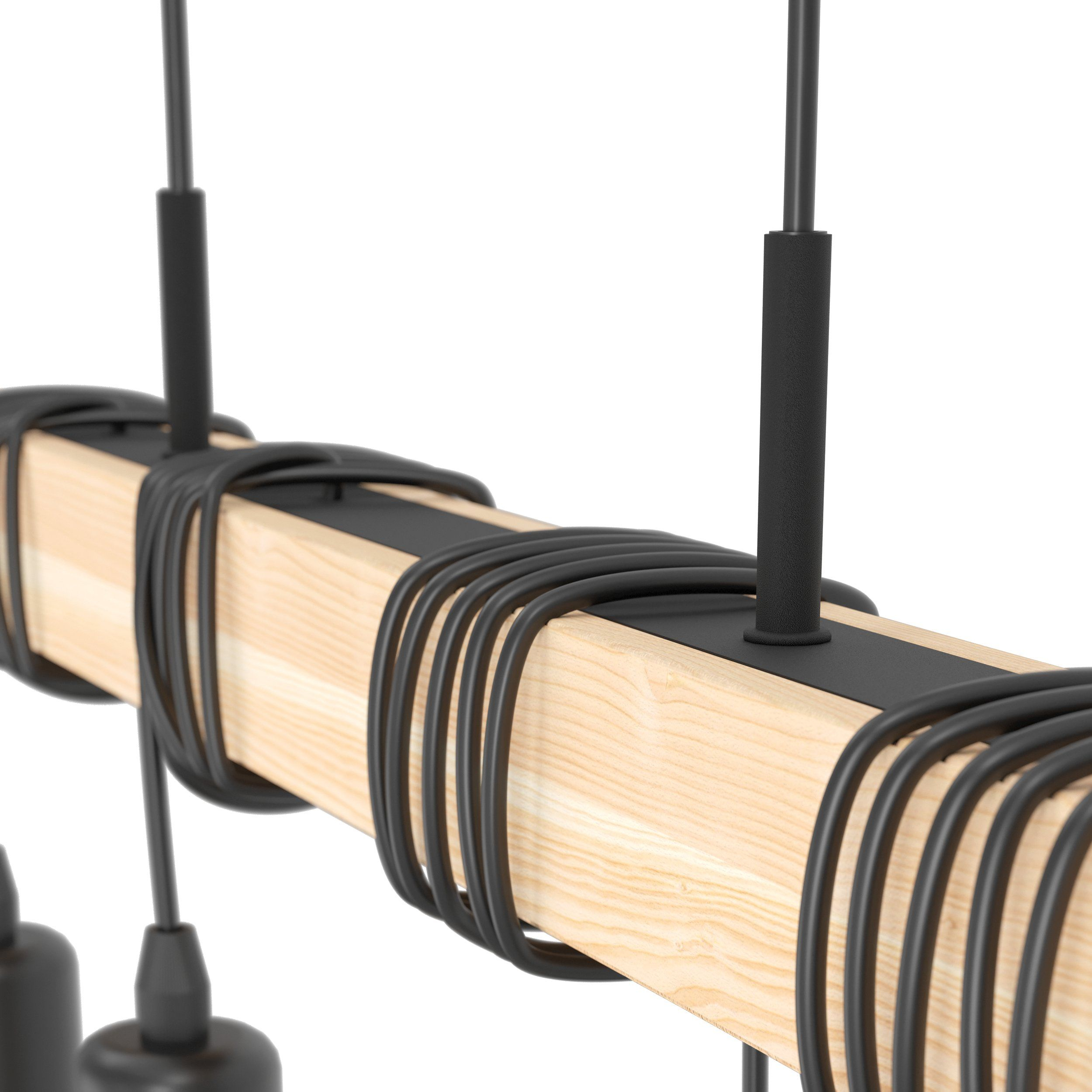 Primo piano di una trave di legno con fili neri e apparecchi neri cilindrici usati per l'illuminazione.